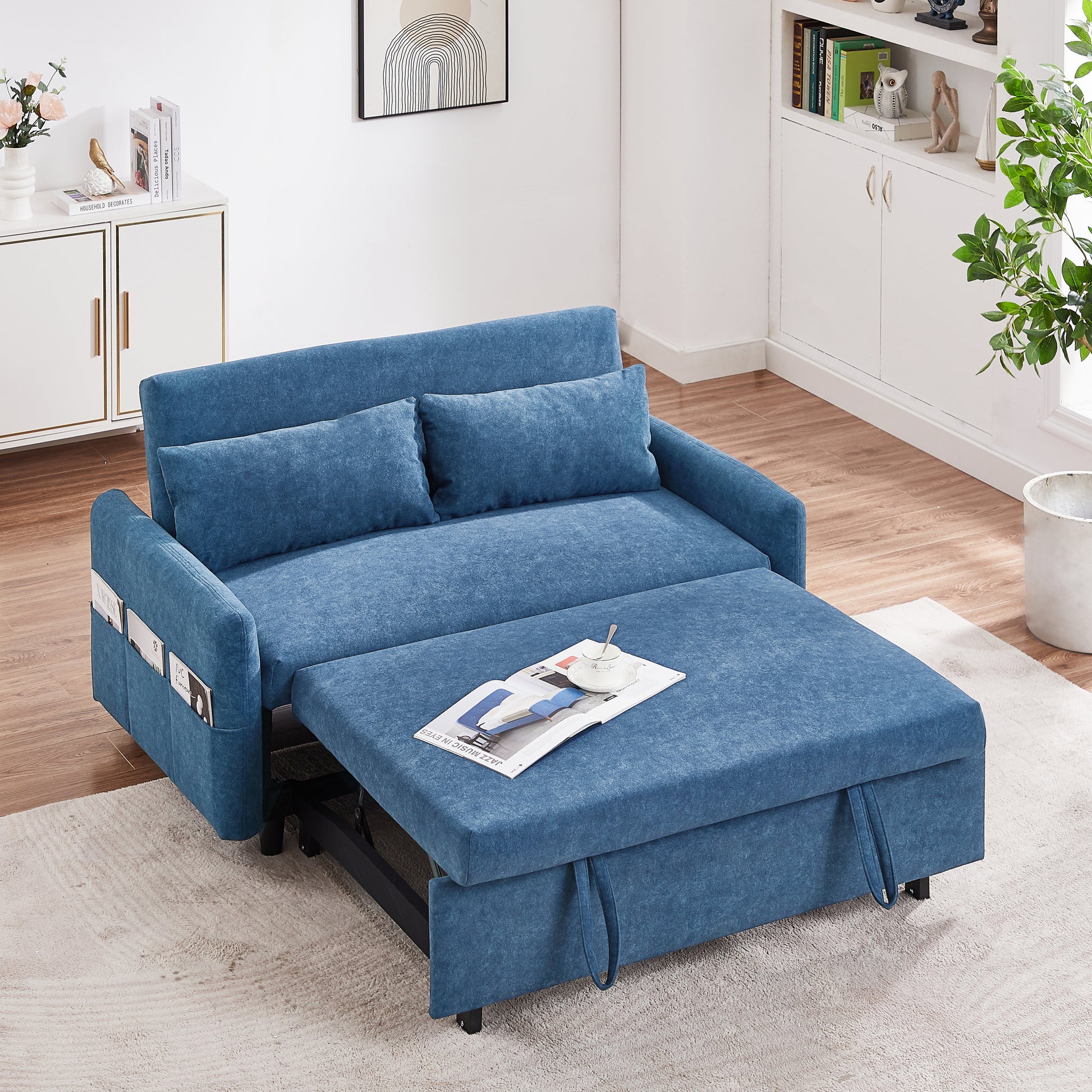55.1" Pull Out Sleep Sofa Bed Loveseats Sofa Couch With Adjsutable Backrest, Storage Pockets, 2 Soft Pillows, Usb Ports For Living Room, Bedroom, Apartment, Office, Blue Old Sku Wf307821Aac Blue Foam Microfiber