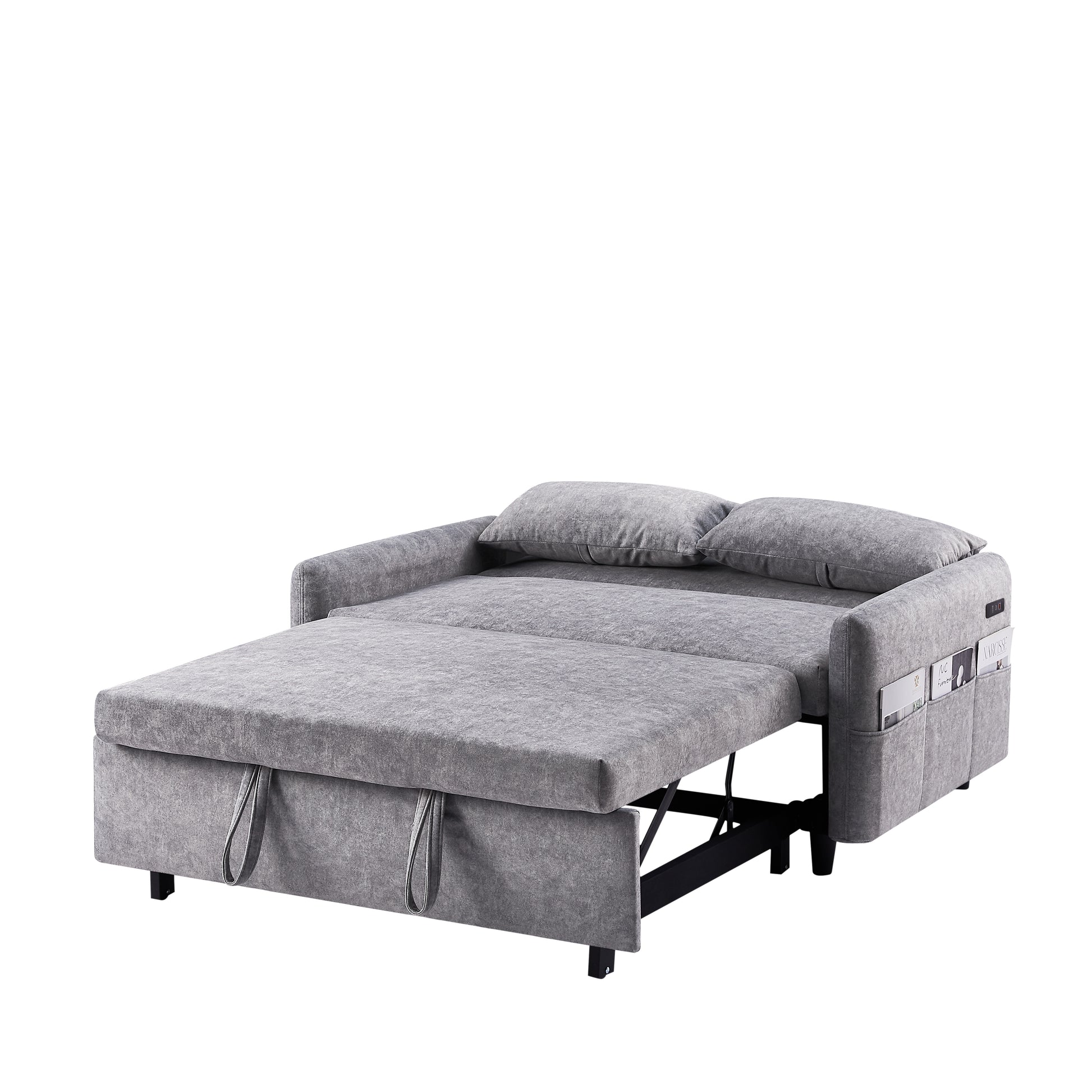 55.1" Pull Out Sleep Sofa Bed Loveseats Sofa Couch With Adjsutable Backrest, Storage Pockets, 2 Soft Pillows, Usb Ports For Living Room, Bedroom, Apartment, Office,Grey Old Sku:Wf315689Aae Grey Foam Microfiber 2 Seat