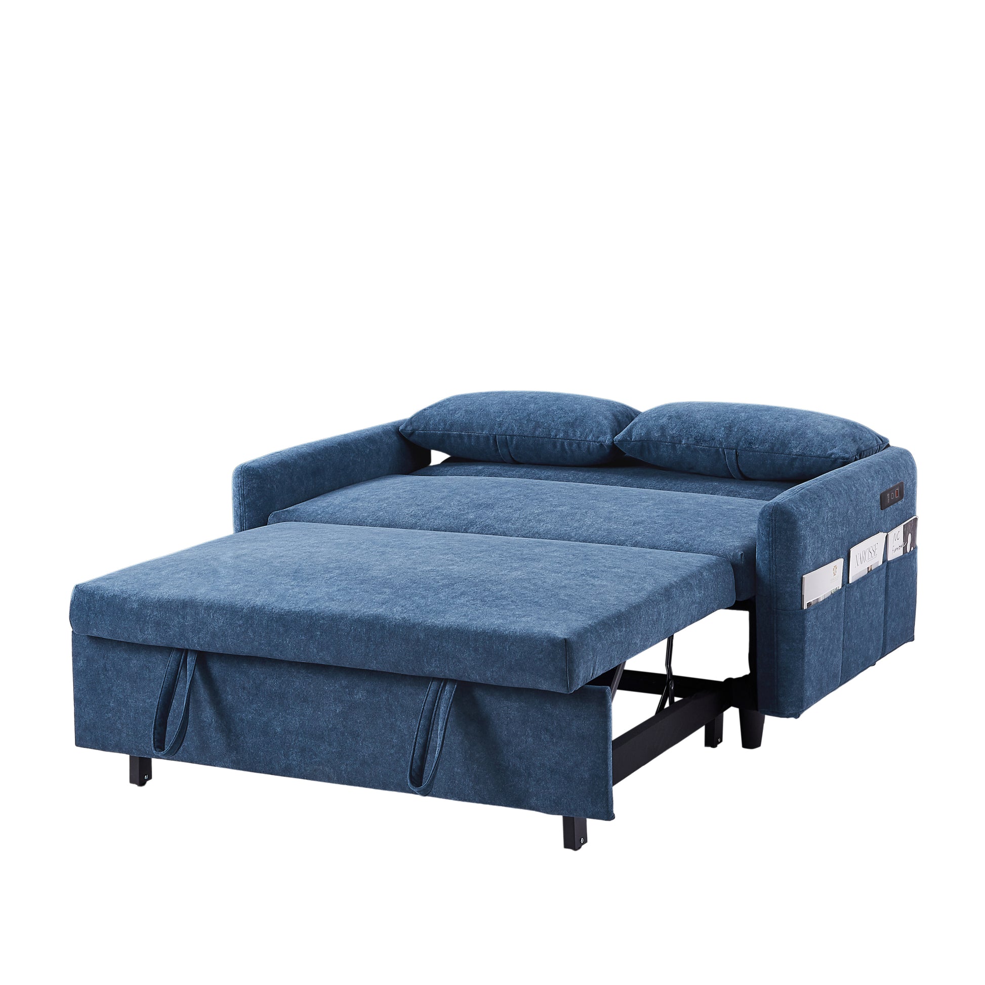55.1" Pull Out Sleep Sofa Bed Loveseats Sofa Couch With Adjsutable Backrest, Storage Pockets, 2 Soft Pillows, Usb Ports For Living Room, Bedroom, Apartment, Office, Blue Old Sku Wf307821Aac Blue Foam Microfiber