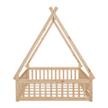 Full Tent Shaped Floor Bed, With Guardrails, Slats, Door ,Natural Full Natural Wood Bedroom American Design Pine Bed Frame Pine