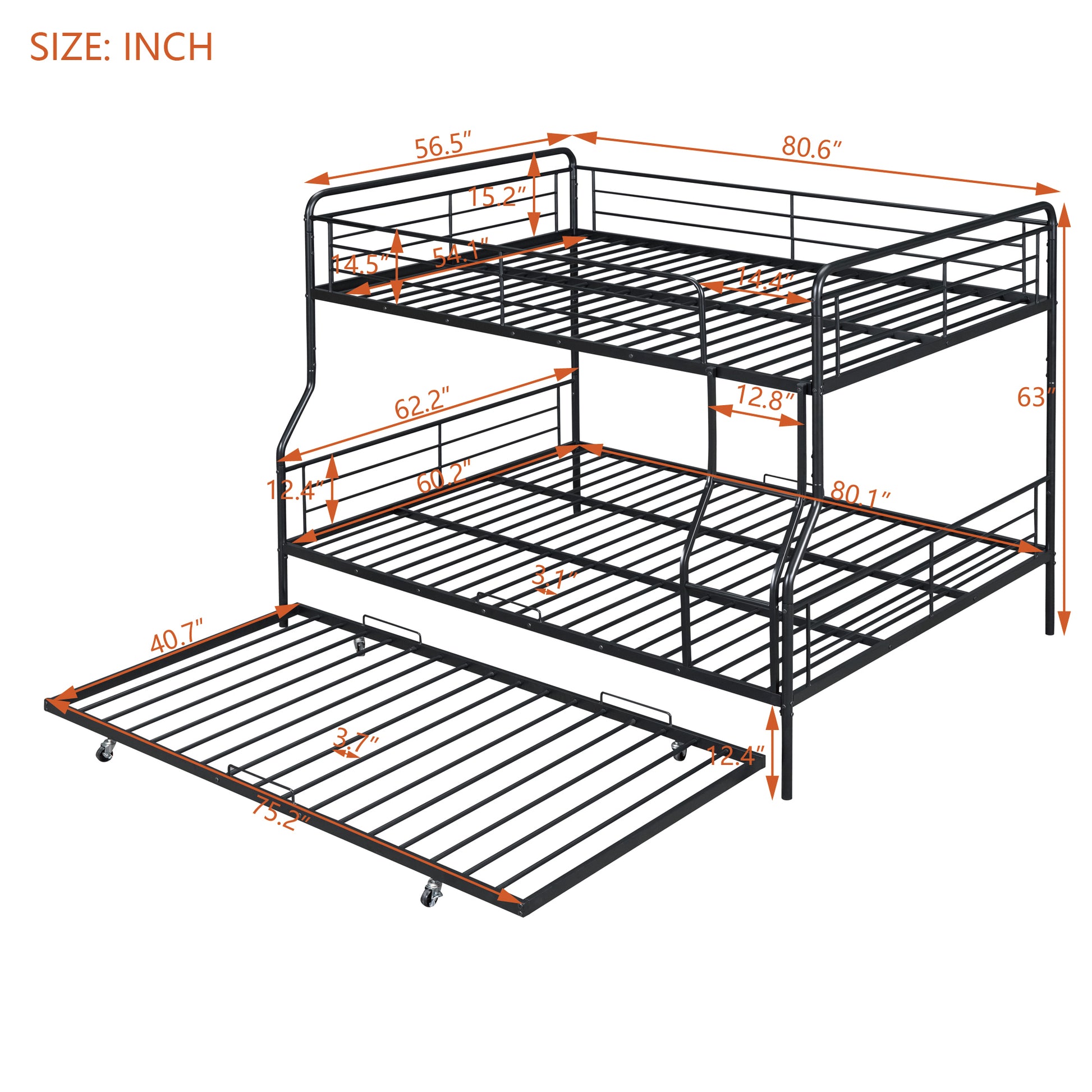 Full Xl Over Queen Metal Bunk Bed With Twin Size Trundle, Black Black Iron