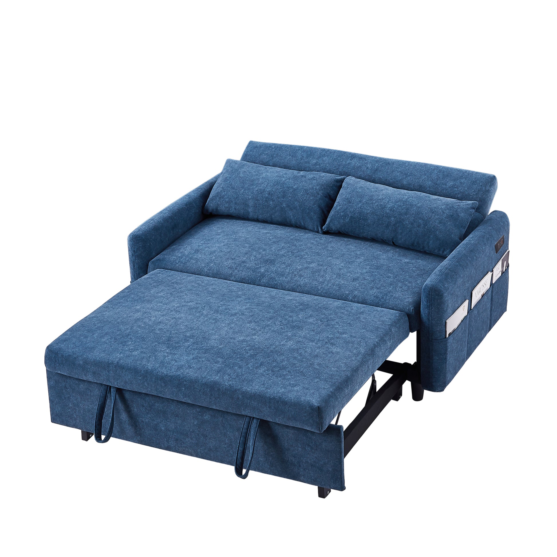 55.1" Pull Out Sleep Sofa Bed Loveseats Sofa Couch With Adjsutable Backrest, Storage Pockets, 2 Soft Pillows, Usb Ports For Living Room, Bedroom, Apartment, Office, Blue Old Sku Wf307821Aac Blue Foam Microfiber
