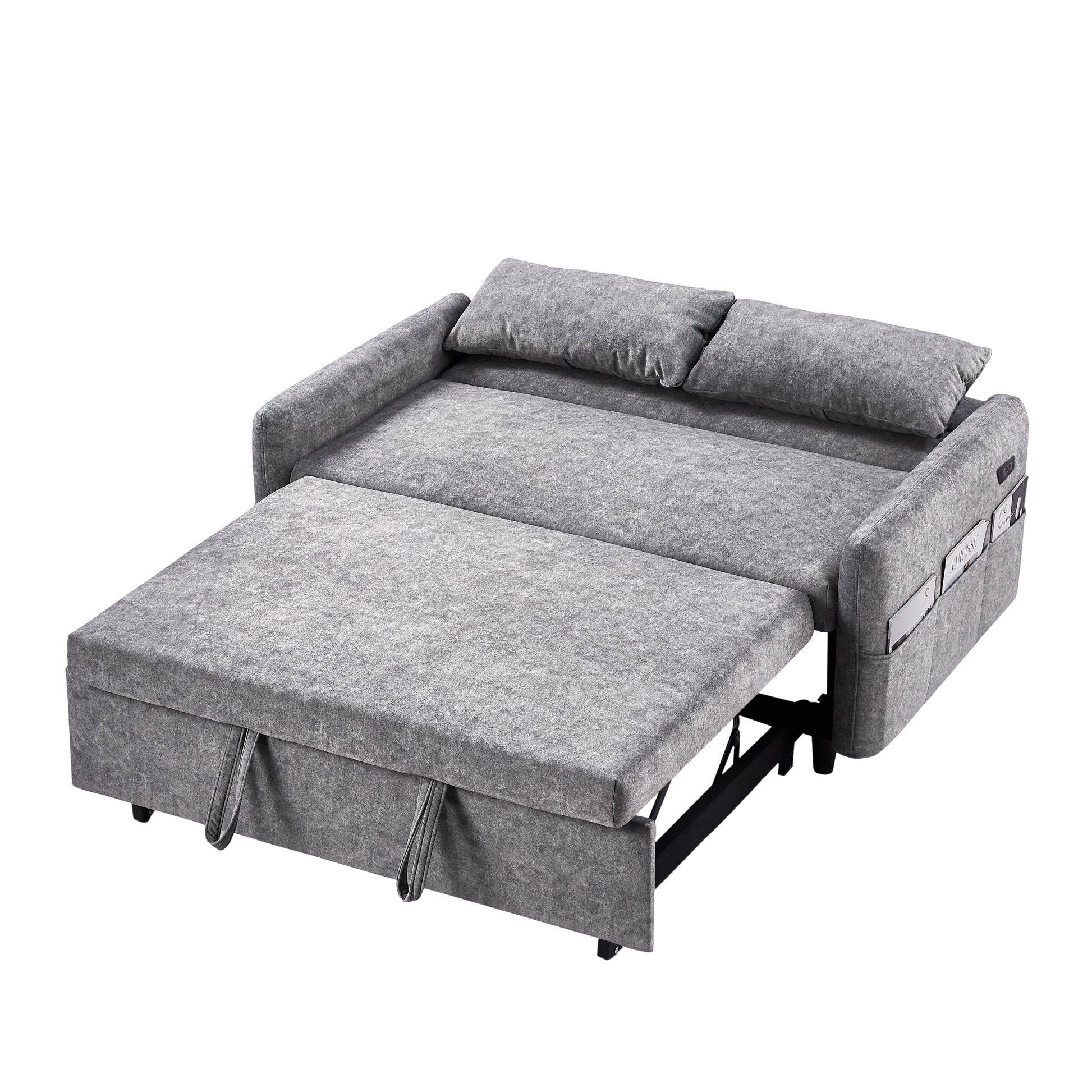 55.1" Pull Out Sleep Sofa Bed Loveseats Sofa Couch With Adjsutable Backrest, Storage Pockets, 2 Soft Pillows, Usb Ports For Living Room, Bedroom, Apartment, Office,Grey Old Sku Wf307821Aae Grey Foam Microfiber