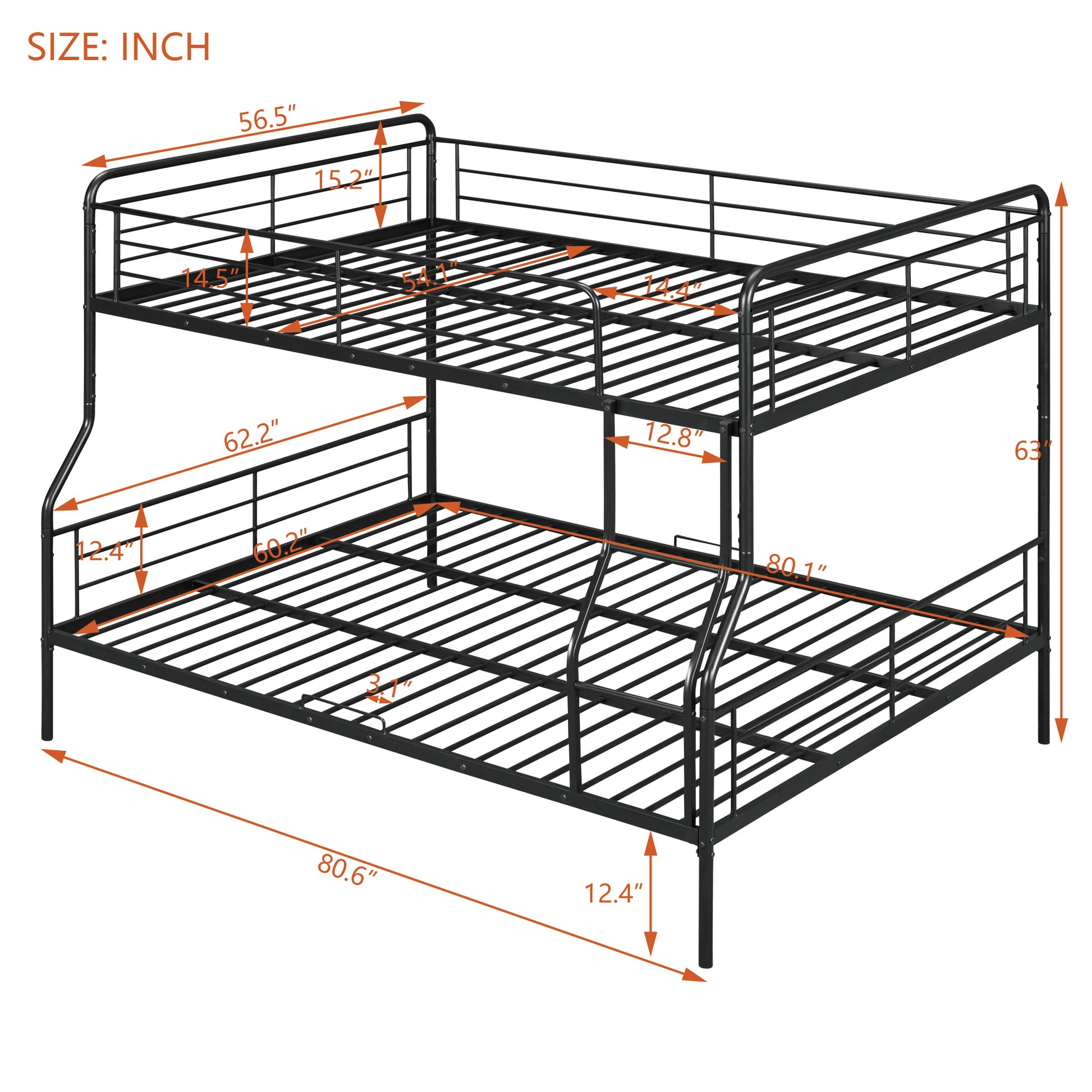 Full Xl Over Queen Metal Bunk Bed, Black Black Iron