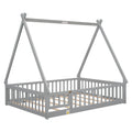 Full Tent Shaped Floor Bed, With Guardrails, Slats, Door ,Grey Full Grey Wood Bedroom American Design Pine Bed Frame Pine