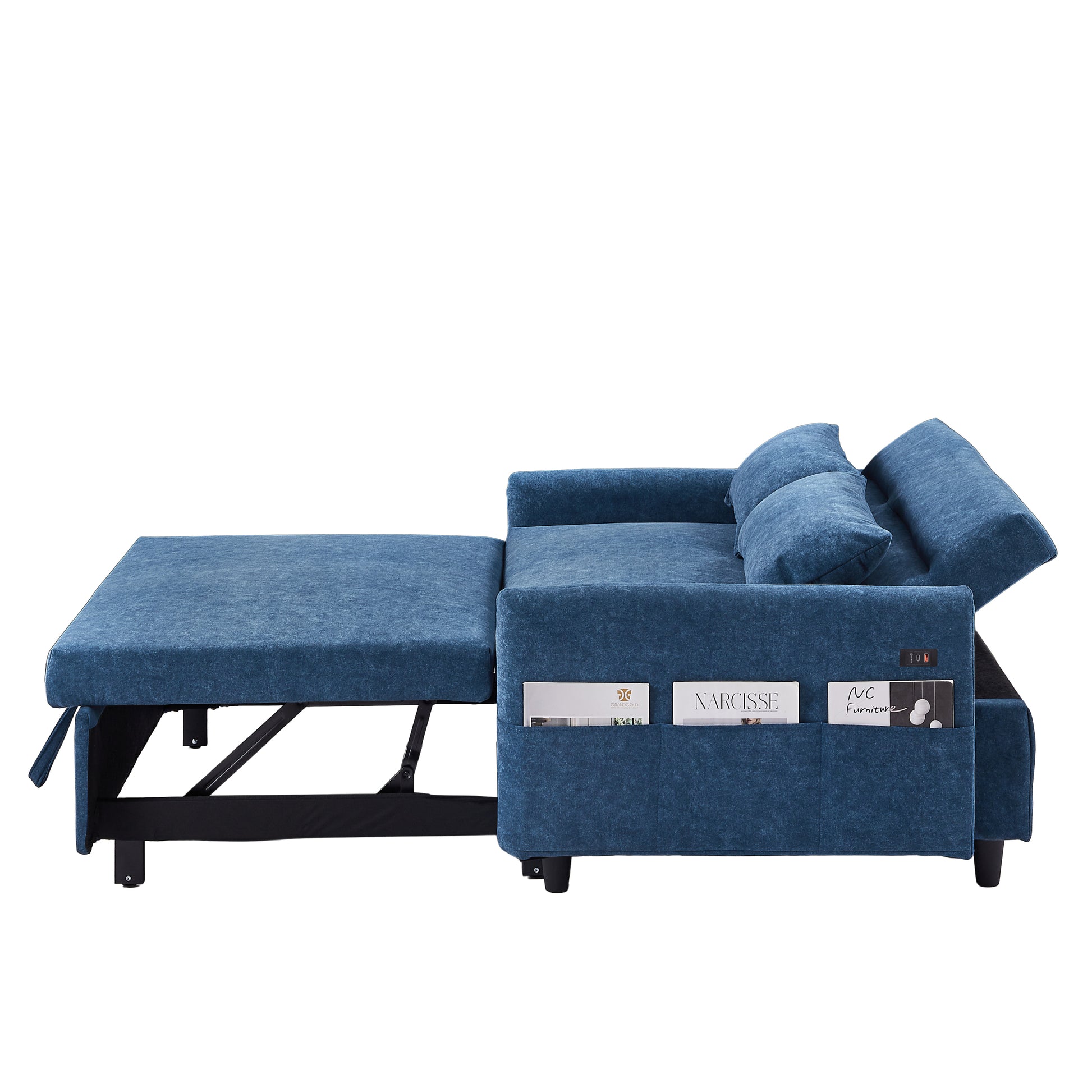 55.1" Pull Out Sleep Sofa Bed Loveseats Sofa Couch With Adjsutable Backrest, Storage Pockets, 2 Soft Pillows, Usb Ports For Living Room, Bedroom, Apartment, Office, Blue Old Sku Wf307821Aac Blue Foam Microfiber
