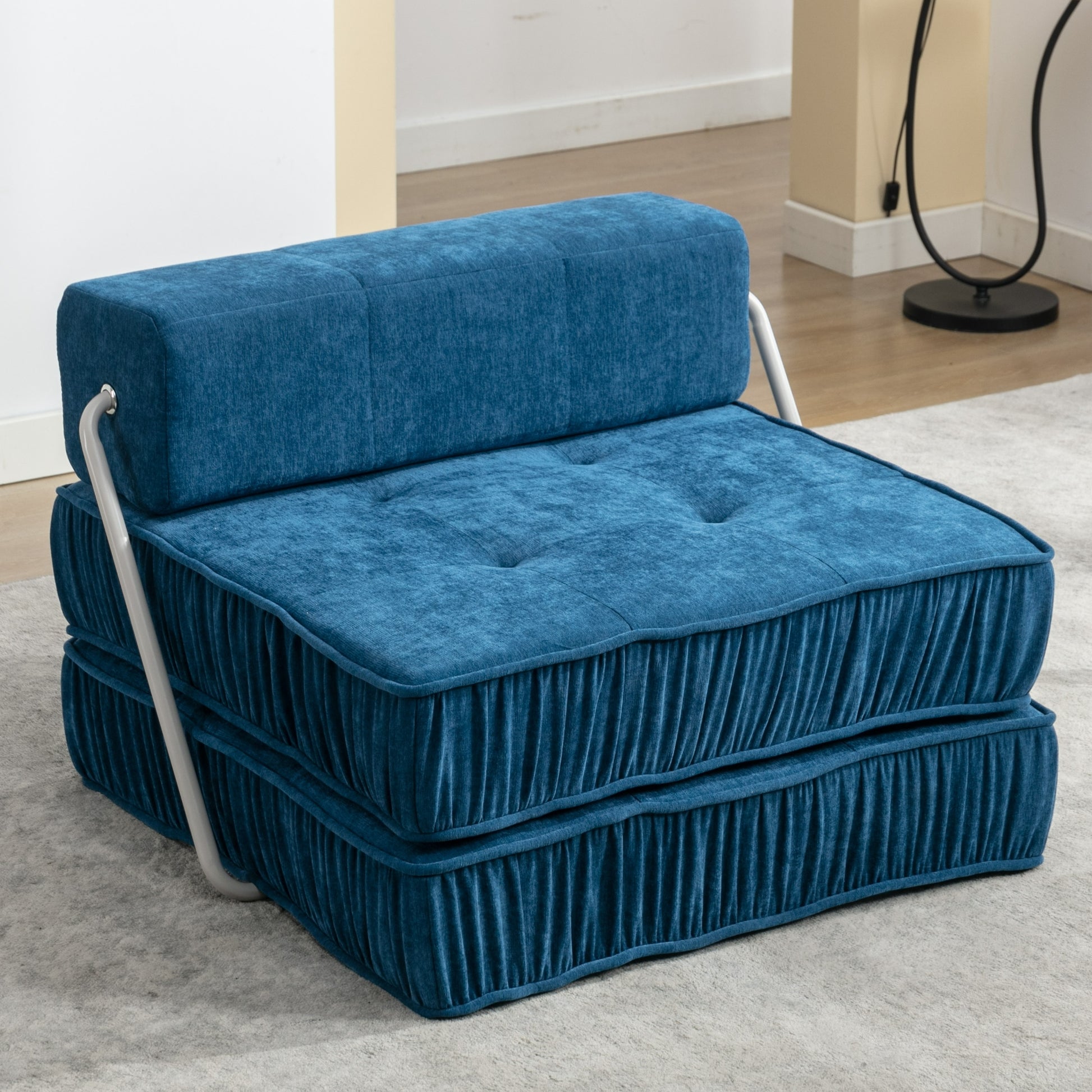 Folding Sofa Bed, Futon Sleeper Chair, Convertible Chair Floor Couch & Sleeping Mattress For Living Room, Guest Room, Home Office, Apartment, Small Space, Bed, Removable Back Cushion, Blue, 1 Seat Blue Chenille Primary Living Space Pillow Back Soft
