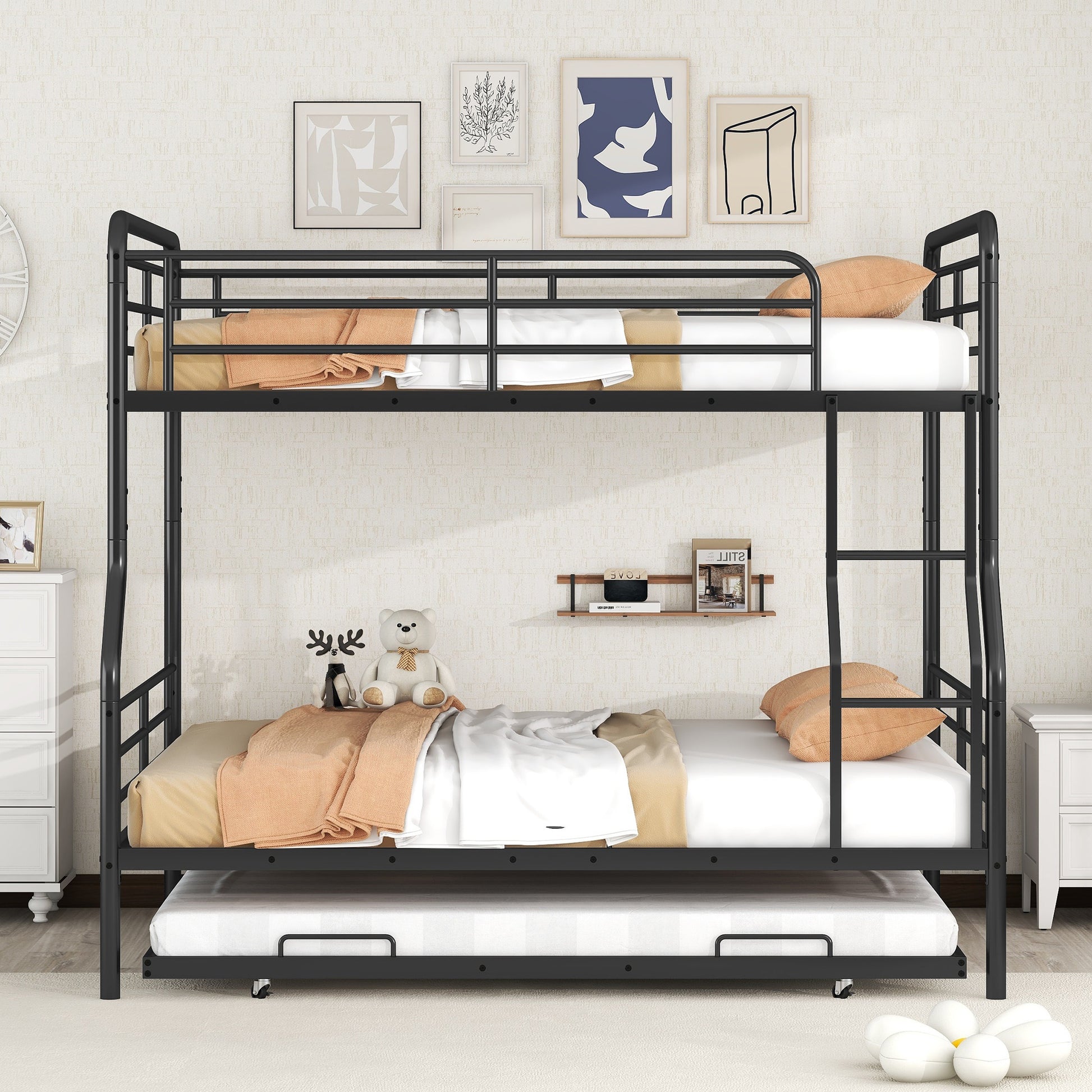 Full Xl Over Queen Metal Bunk Bed With Twin Size Trundle, Black Black Iron