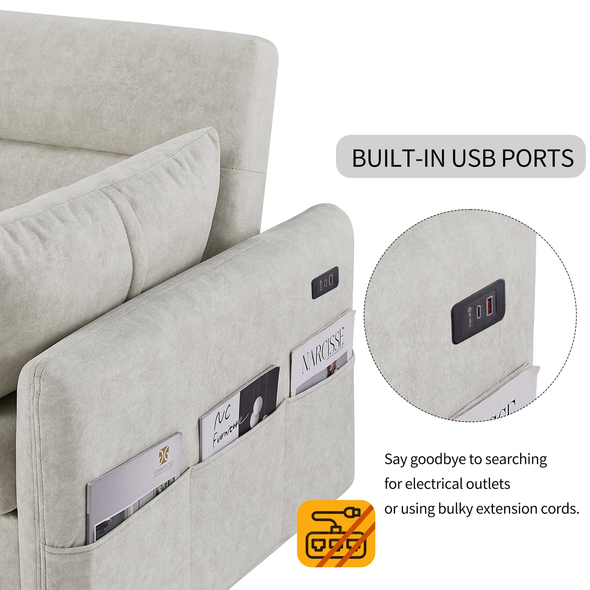 55.1" Pull Out Sleep Sofa Bed Loveseats Sofa Couch With Adjsutable Backrest, Storage Pockets, 2 Soft Pillows, Usb Ports For Living Room, Bedroom, Apartment, Office, Beige Old Sku: Wf315689Aaa Beige Foam Microfiber 2 Seat