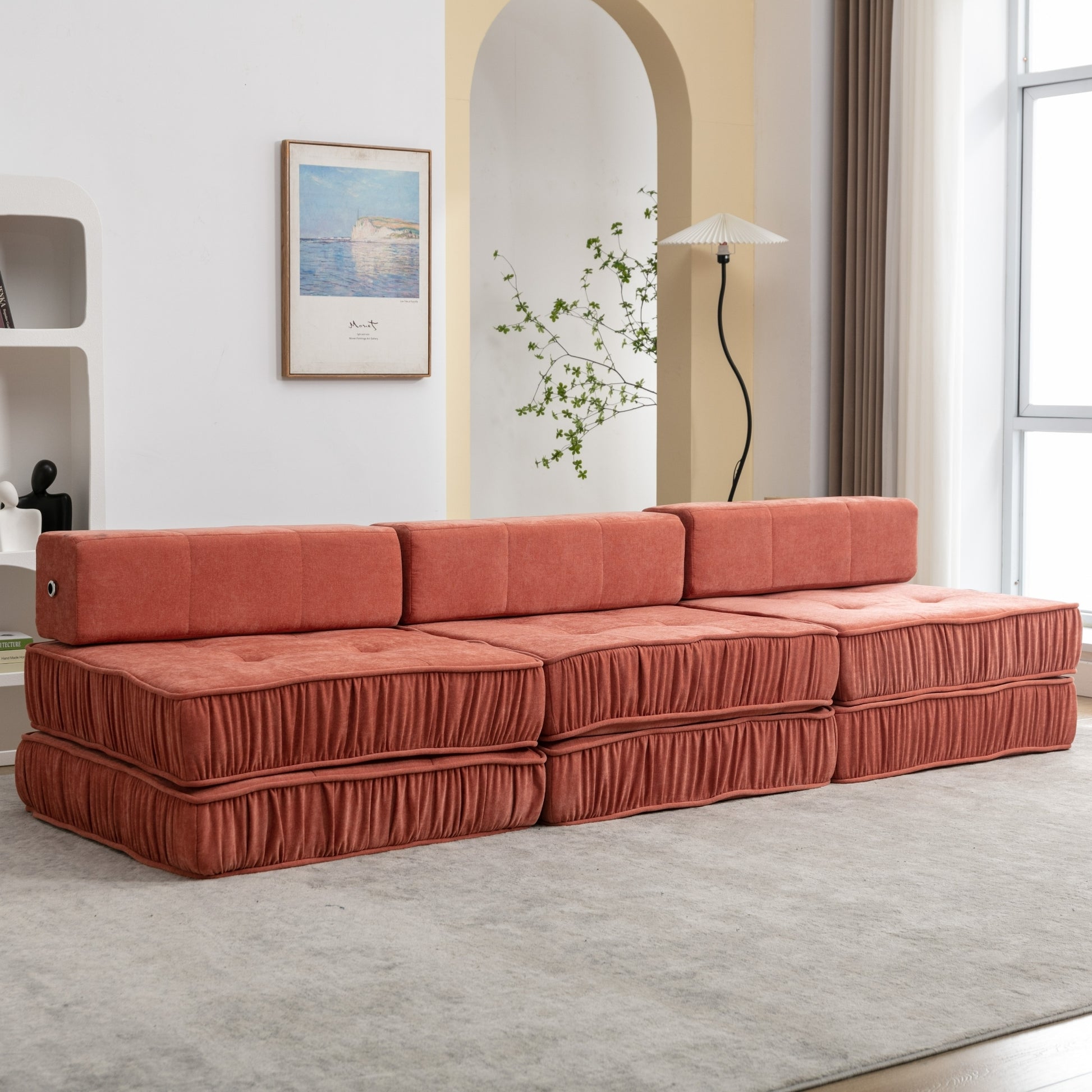 Folding Sofa Bed, Futon Sleeper Chair, Convertible Chair Floor Couch & Sleeping Mattress For Living Room, Guest Room, Home Office, Apartment, Small Space, Bed, Removable Back Cushion, Orange, 1 Seat Orange Chenille Primary Living Space Pillow Back Soft