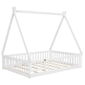 Full Tent Shaped Floor Bed, With Guardrails, Slats, Door ,White Full White Wood Bedroom American Design Pine Bed Frame Pine