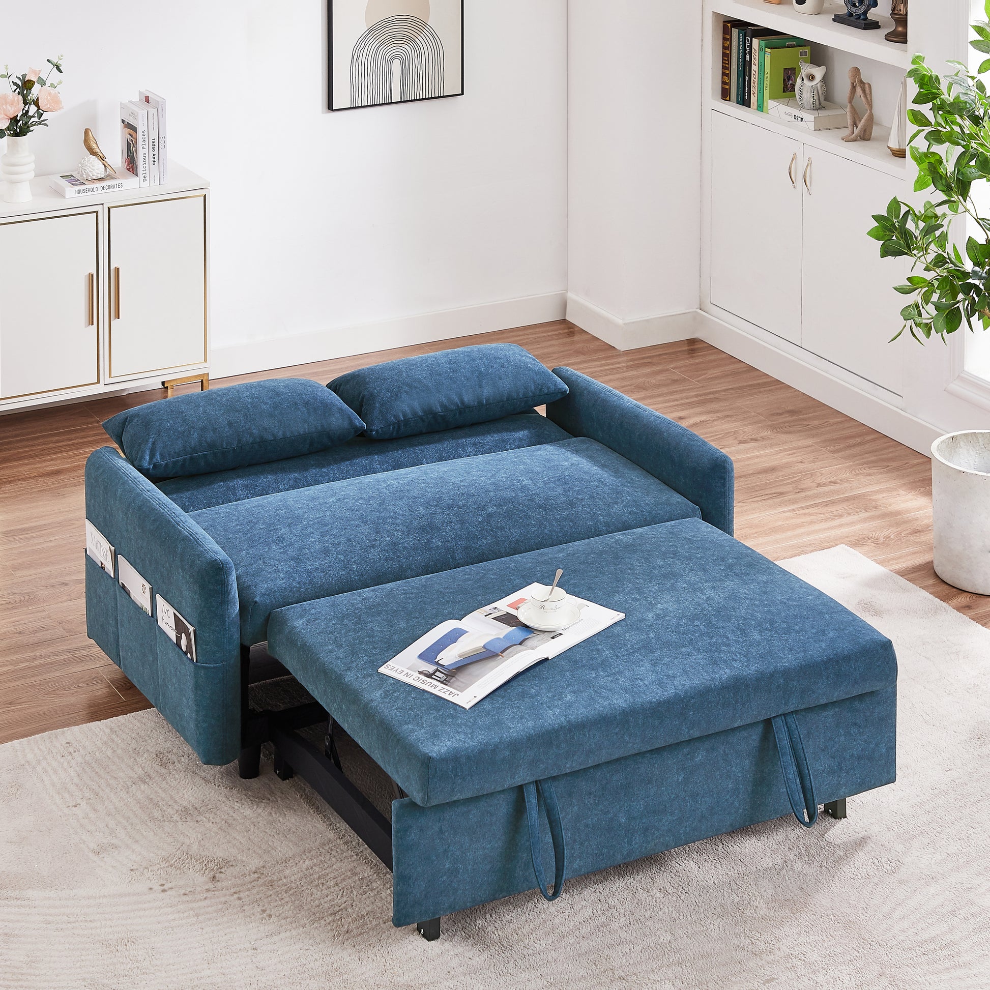 55.1" Pull Out Sleep Sofa Bed Loveseats Sofa Couch With Adjsutable Backrest, Storage Pockets, 2 Soft Pillows, Usb Ports For Living Room, Bedroom, Apartment, Office, Blue Old Sku Wf307821Aac Blue Foam Microfiber