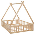 Full Tent Shaped Floor Bed, With Guardrails, Slats, Door ,Natural Full Natural Wood Bedroom American Design Pine Bed Frame Pine