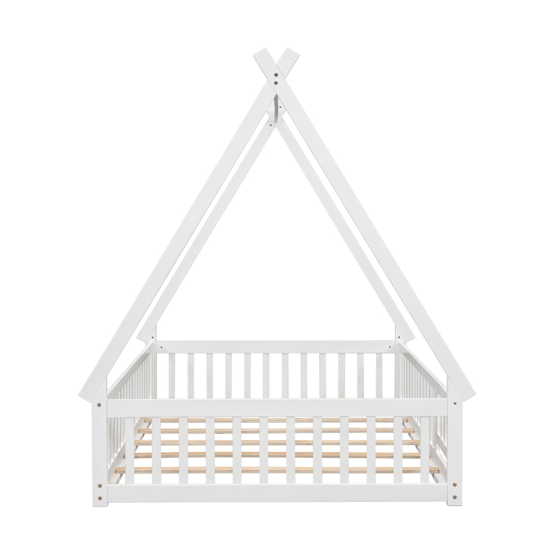 Full Tent Shaped Floor Bed, With Guardrails, Slats, Door ,White Full White Wood Bedroom American Design Pine Bed Frame Pine
