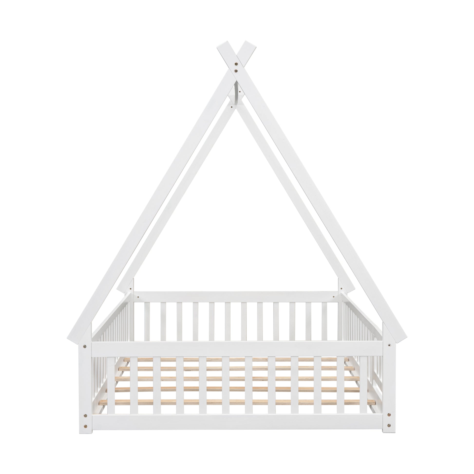Full Tent Shaped Floor Bed, With Guardrails, Slats, Door ,White Full White Wood Bedroom American Design Pine Bed Frame Pine