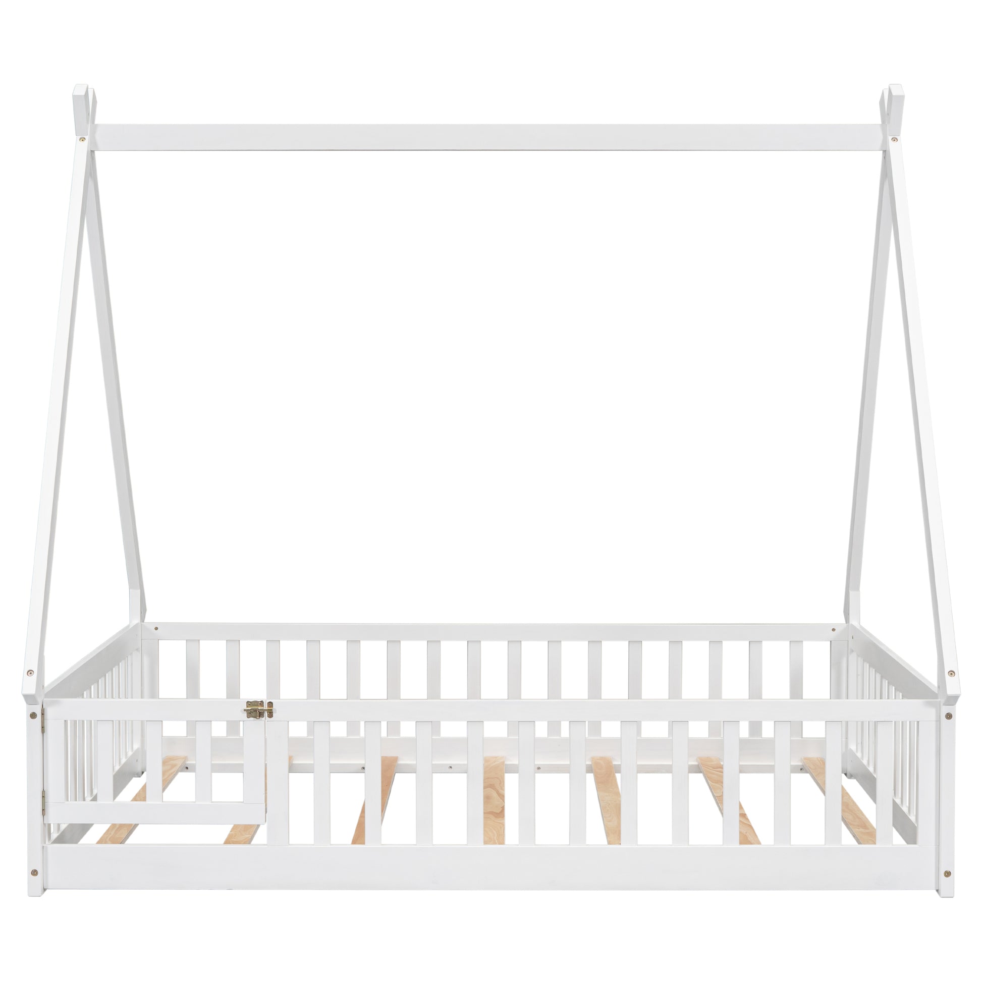 Full Tent Shaped Floor Bed, With Guardrails, Slats, Door ,White Full White Wood Bedroom American Design Pine Bed Frame Pine