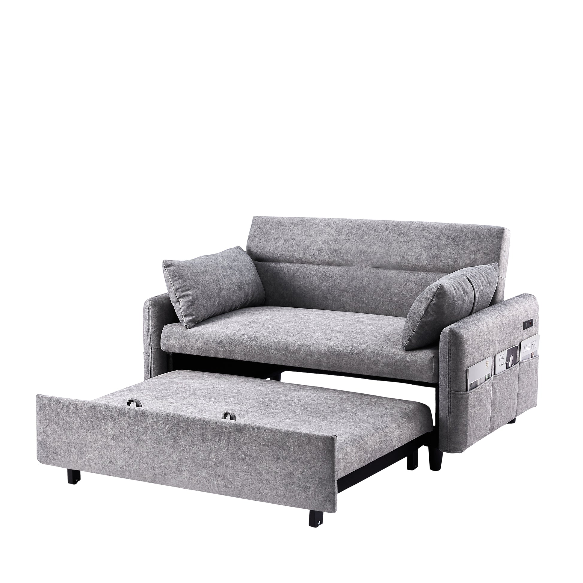 55.1" Pull Out Sleep Sofa Bed Loveseats Sofa Couch With Adjsutable Backrest, Storage Pockets, 2 Soft Pillows, Usb Ports For Living Room, Bedroom, Apartment, Office,Grey Old Sku Wf307821Aae Grey Foam Microfiber