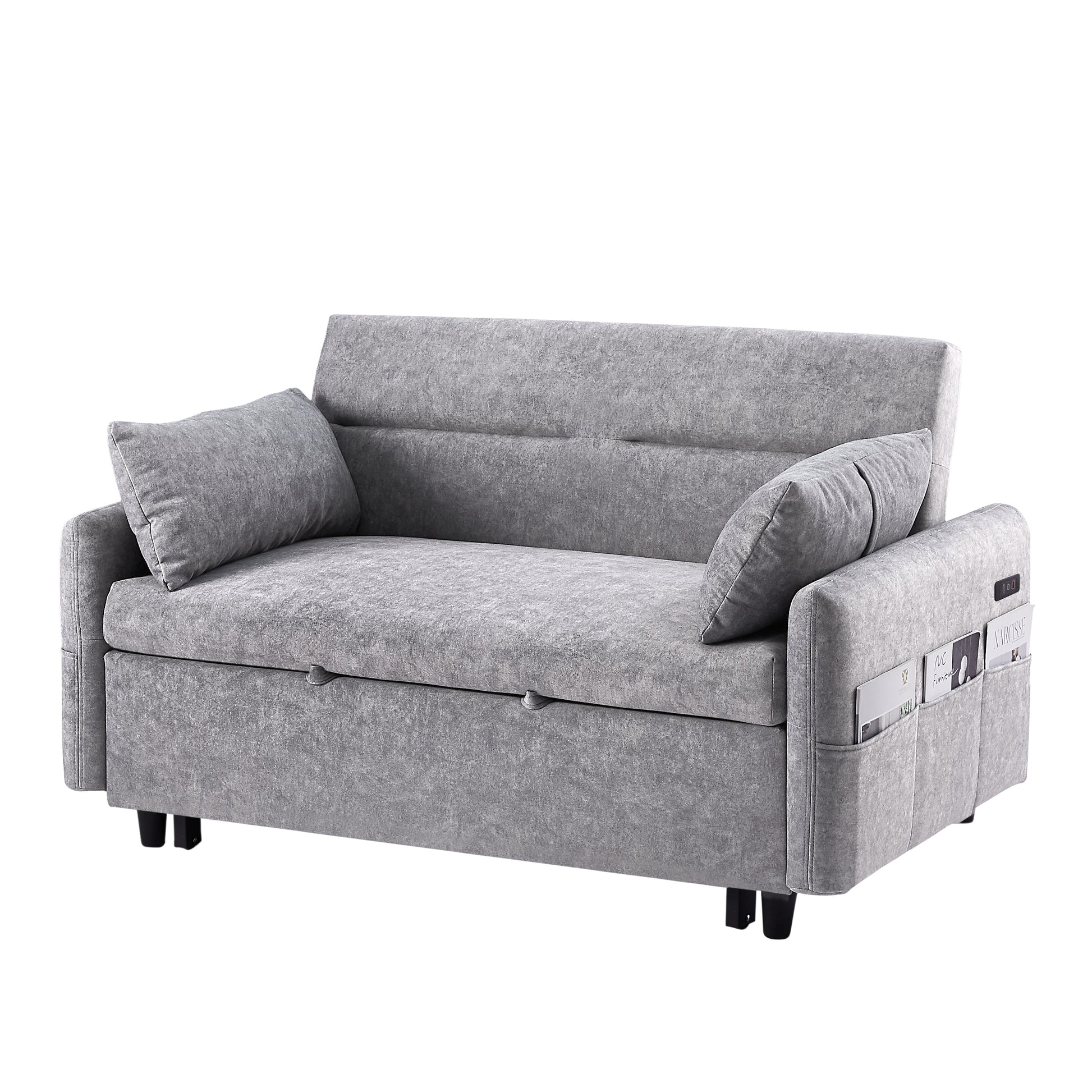 55.1" Pull Out Sleep Sofa Bed Loveseats Sofa Couch With Adjsutable Backrest, Storage Pockets, 2 Soft Pillows, Usb Ports For Living Room, Bedroom, Apartment, Office,Grey Old Sku Wf307821Aae Grey Foam Microfiber