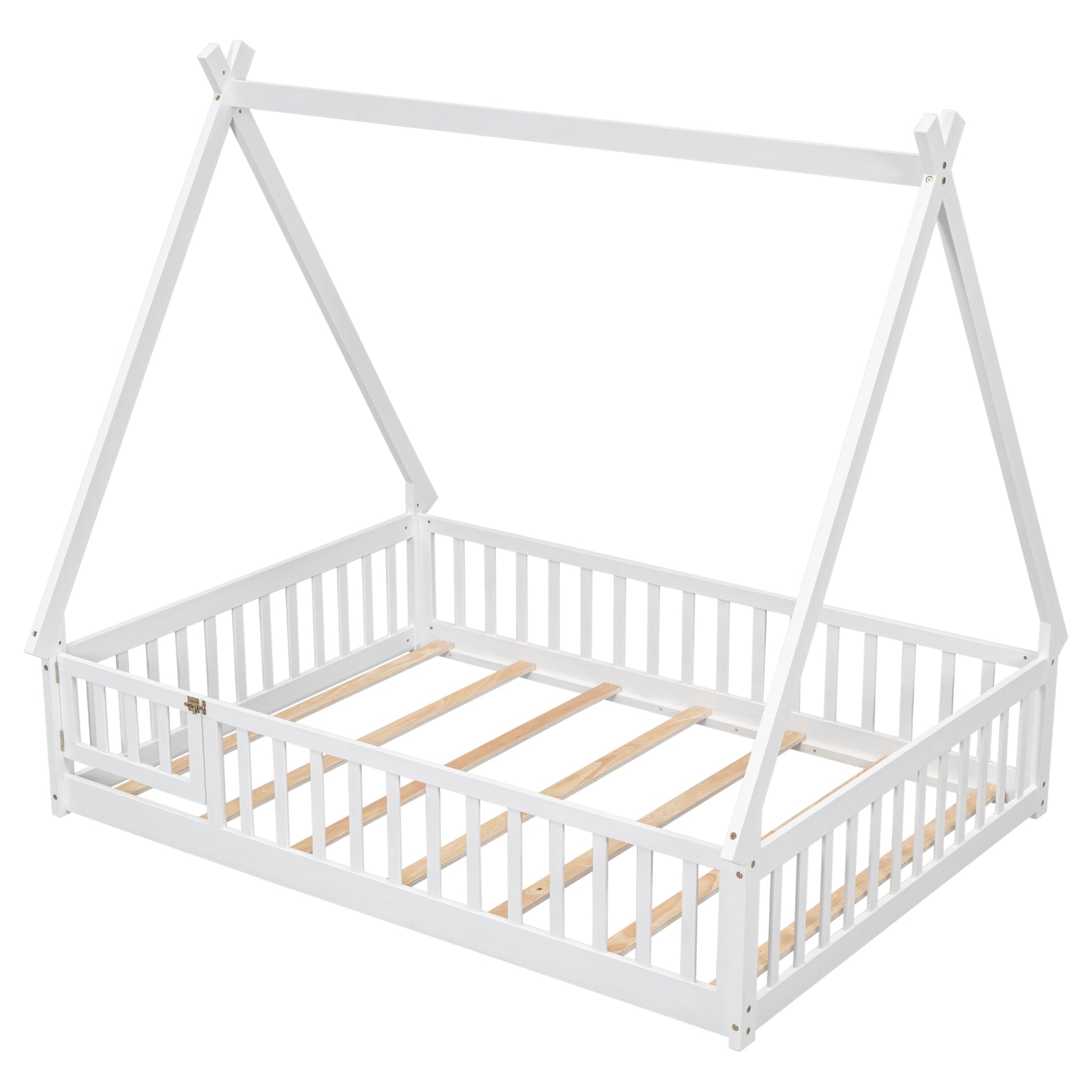 Full Tent Shaped Floor Bed, With Guardrails, Slats, Door ,White Full White Wood Bedroom American Design Pine Bed Frame Pine