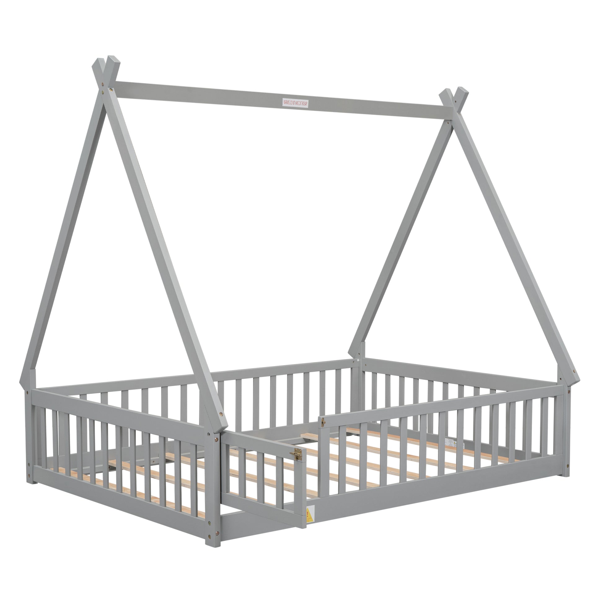 Full Tent Shaped Floor Bed, With Guardrails, Slats, Door ,Grey Full Grey Wood Bedroom American Design Pine Bed Frame Pine