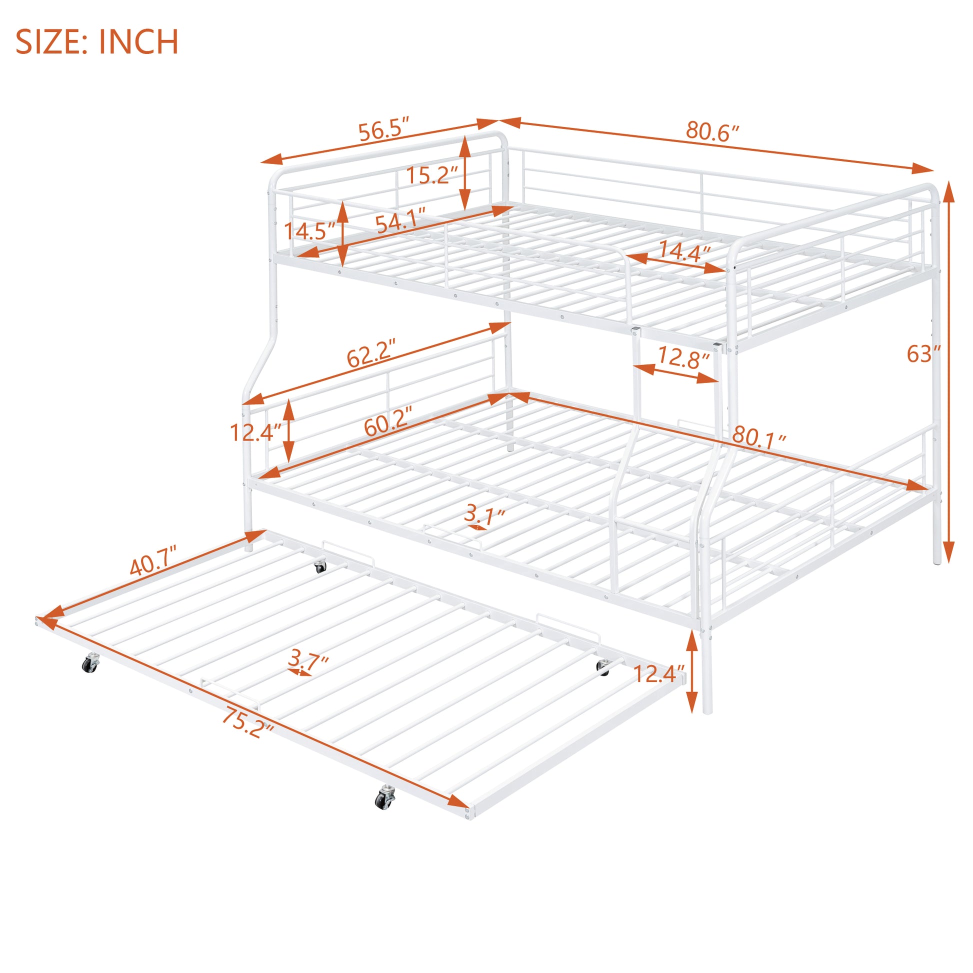 Full Xl Over Queen Metal Bunk Bed With Twin Size Trundle, White White Iron