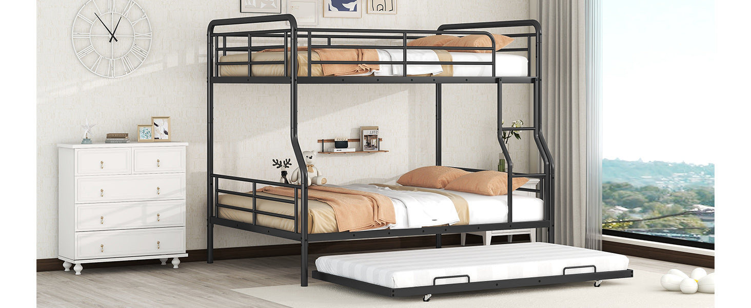 Full Xl Over Queen Metal Bunk Bed With Twin Size Trundle, Black Black Iron