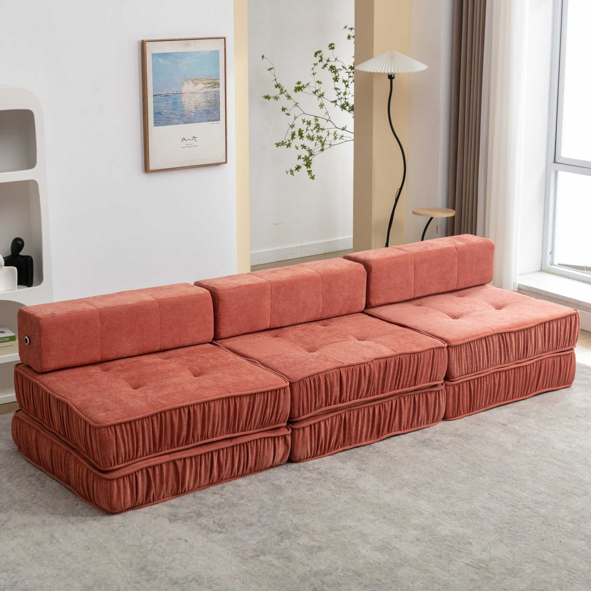 Folding Sofa Bed, Futon Sleeper Chair, Convertible Chair Floor Couch & Sleeping Mattress For Living Room, Guest Room, Home Office, Apartment, Small Space, Bed, Removable Back Cushion, Orange, 1 Seat Orange Chenille Primary Living Space Pillow Back Soft
