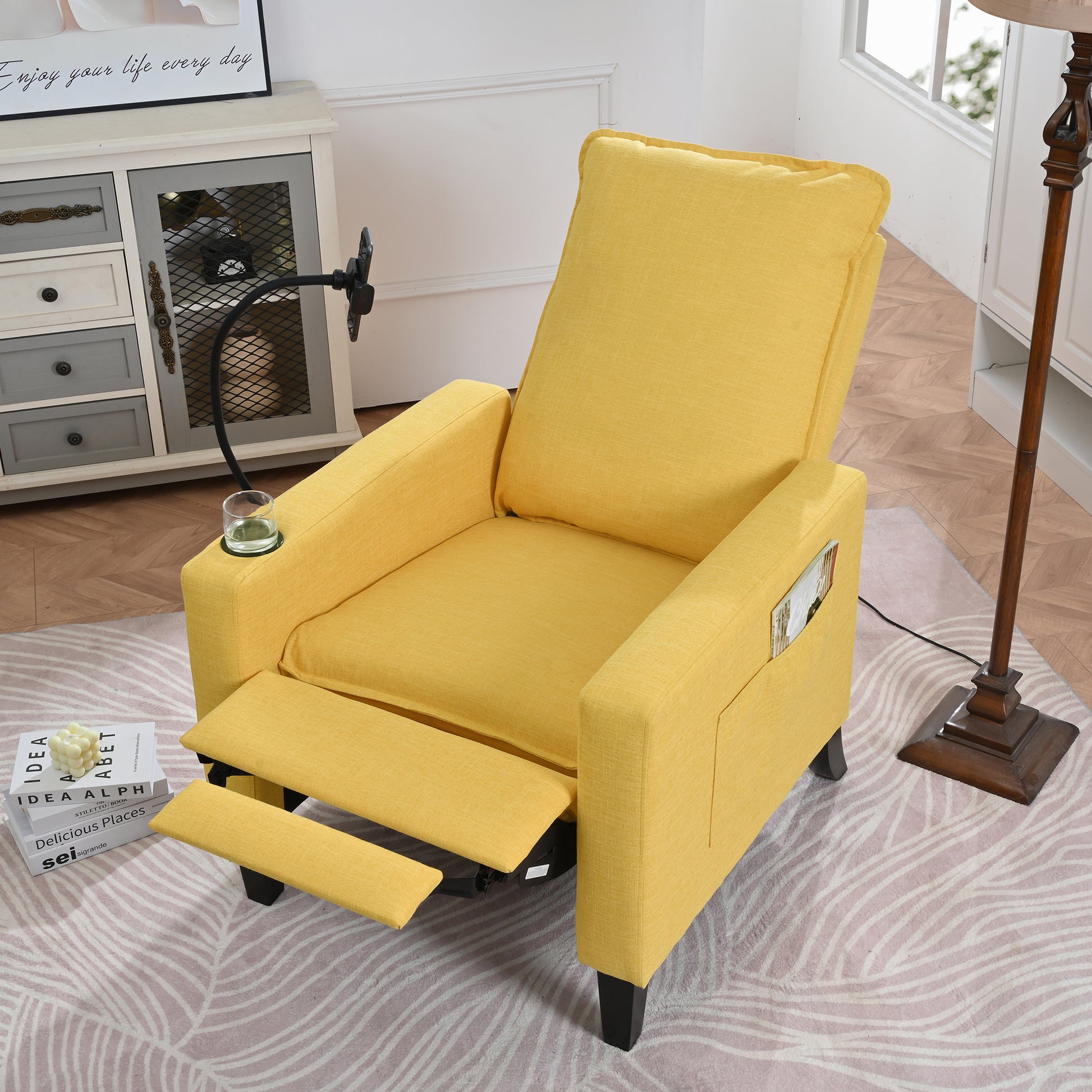 Recliner Chairs For Adults, Adjustable Recliner Sofa With Mobile Phone Holder & Cup Holder, Modern Reclining Chairs Fabric Push Back Recliner Chairs For Living Room, Bedroom, Yellow Yellow Foam Polyester