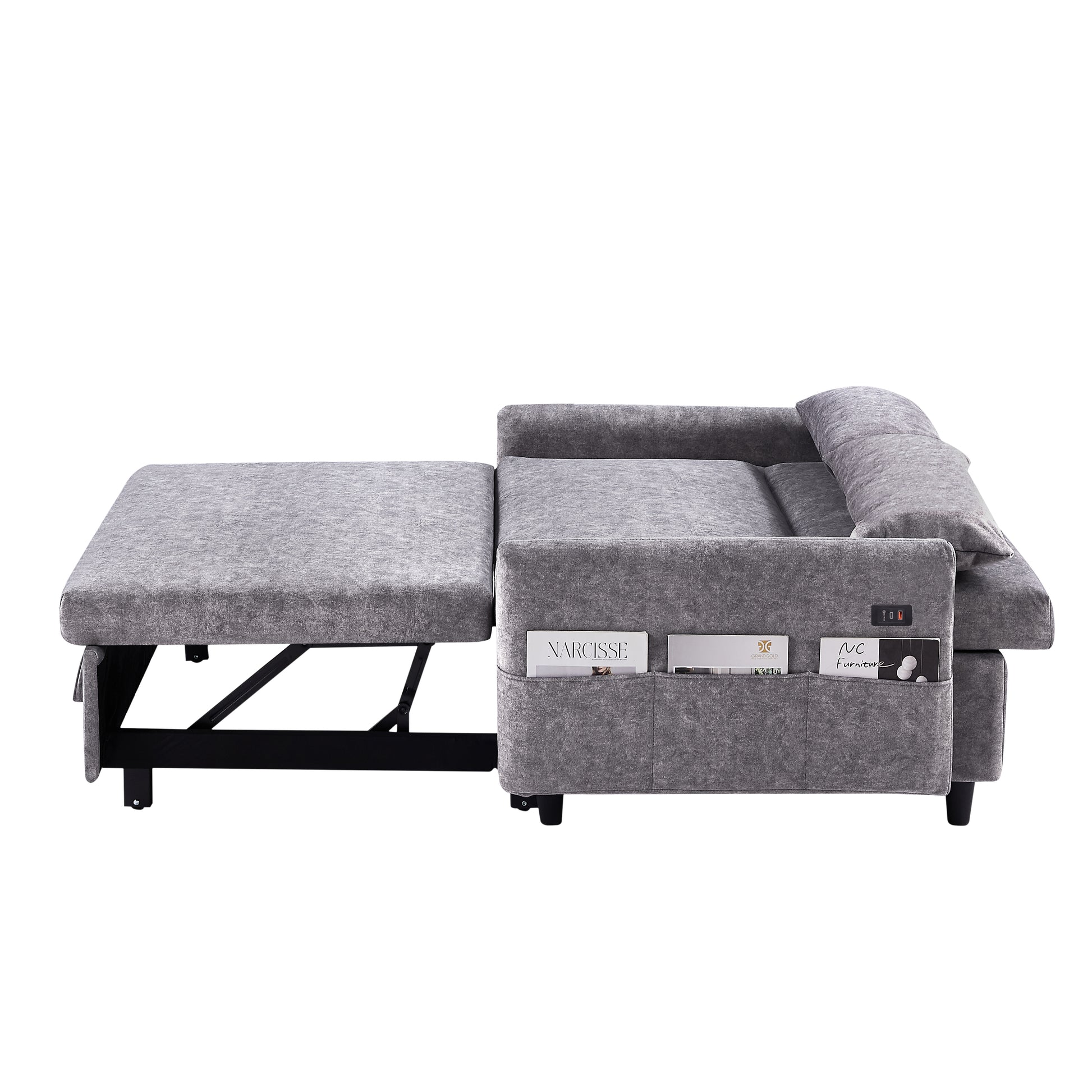 55.1" Pull Out Sleep Sofa Bed Loveseats Sofa Couch With Adjsutable Backrest, Storage Pockets, 2 Soft Pillows, Usb Ports For Living Room, Bedroom, Apartment, Office,Grey Old Sku Wf307821Aae Grey Foam Microfiber