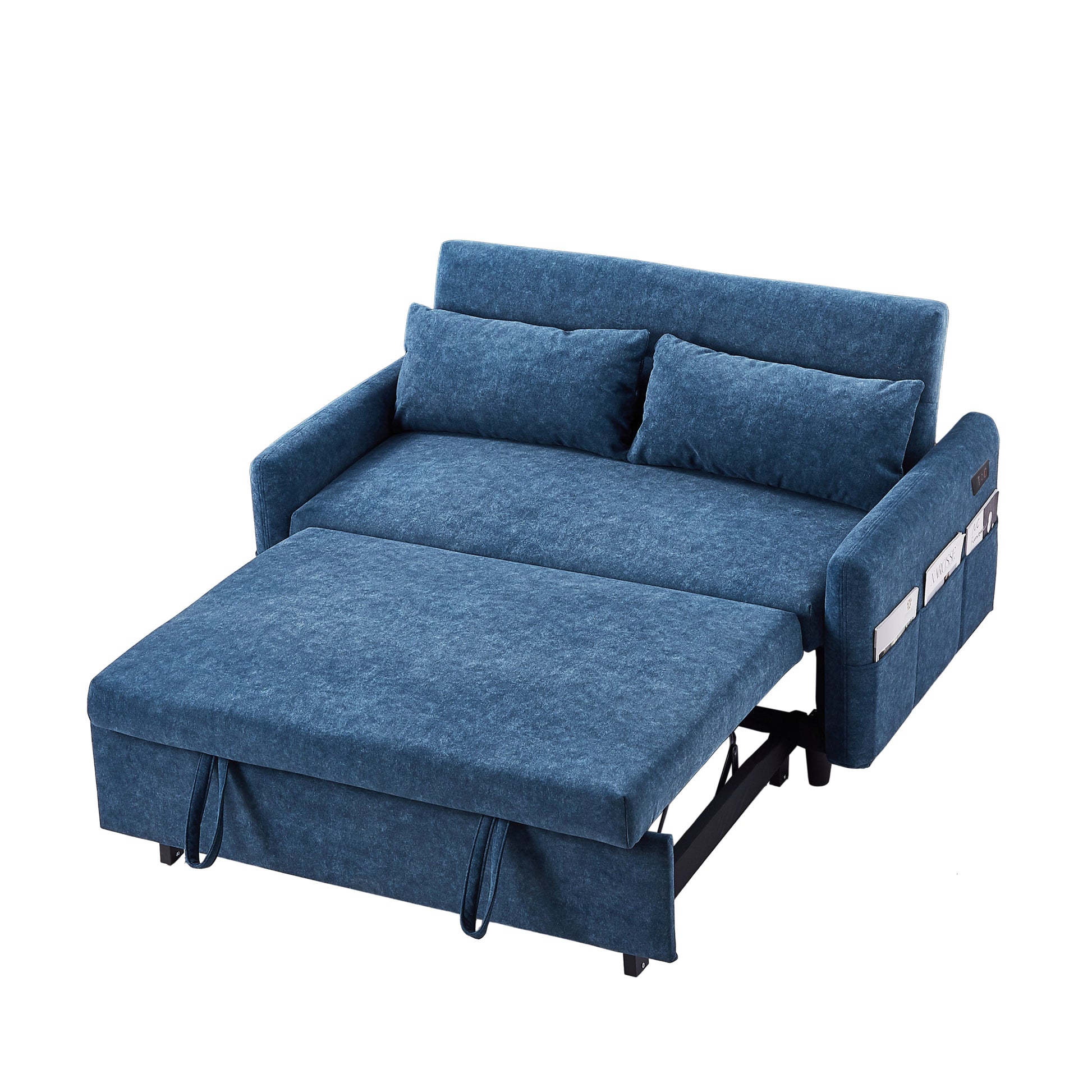 55.1" Pull Out Sleep Sofa Bed Loveseats Sofa Couch With Adjsutable Backrest, Storage Pockets, 2 Soft Pillows, Usb Ports For Living Room, Bedroom, Apartment, Office, Blue Old Sku Wf307821Aac Blue Foam Microfiber