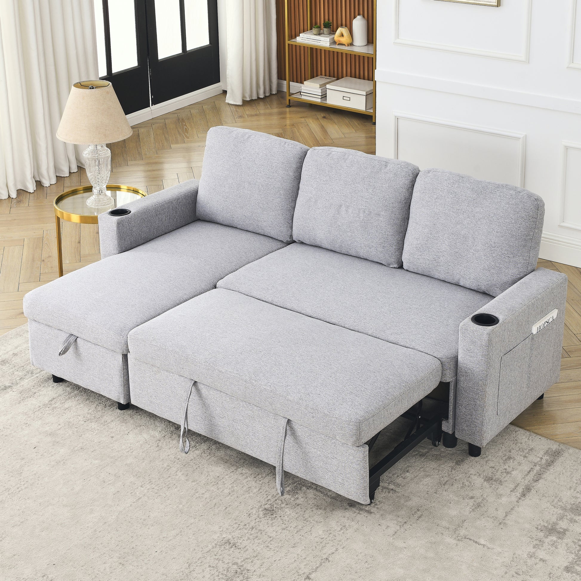 Fx78.7"Comfortable Linen L Shaped Combo Sofa Sofa Bed, Living Room Furniture Sets For Tight Spaces, Reversible Sleeper Combo Sofa With Pullout Bed,Reversible Sofa Bed For Living Room, Office, Apartmen Light Gray Linen Wood Primary Living Space Foam