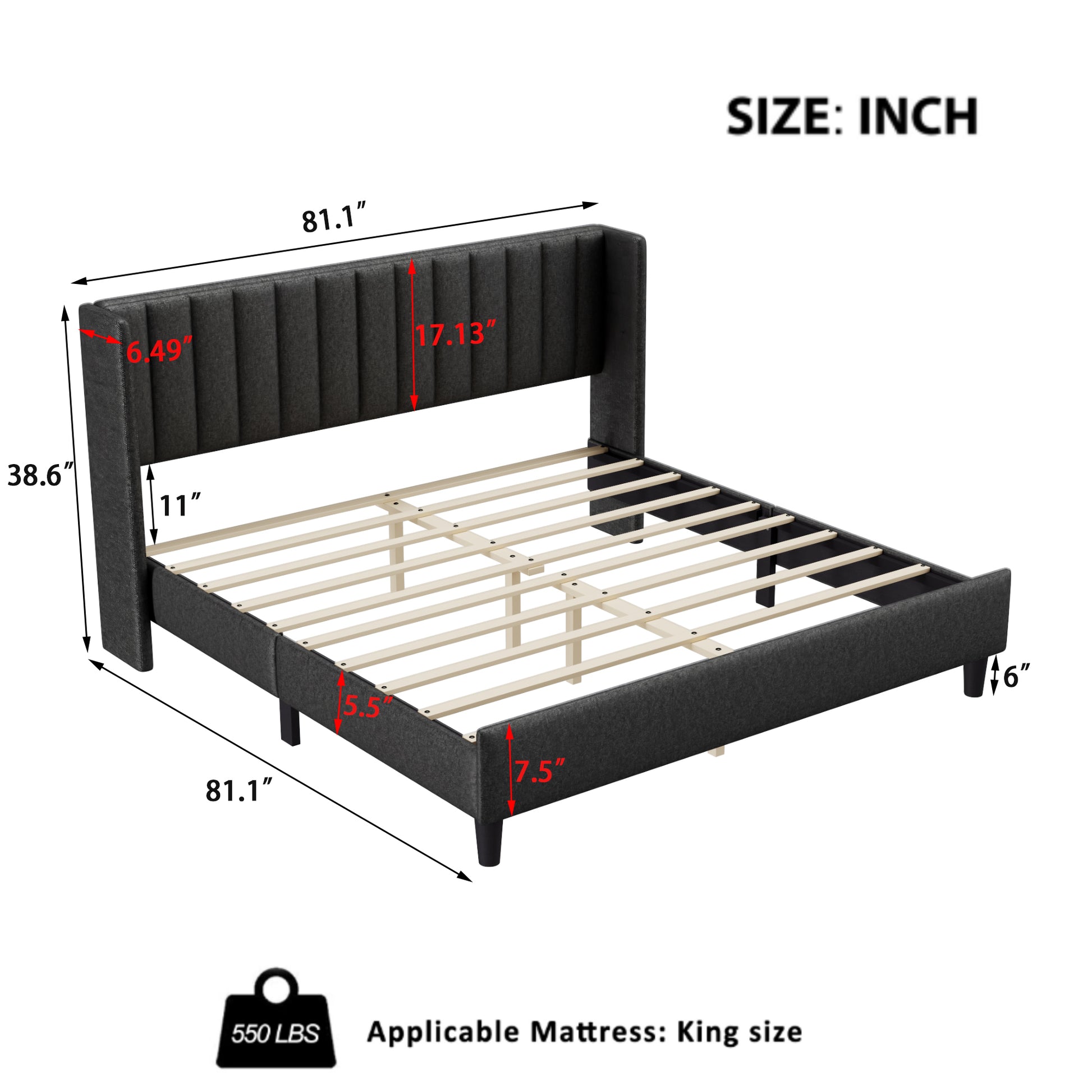 King Size Upholstered Platform Bed Frame With Headboard, Mattress Foundation, Wood Slat Support, Quiet, No Box Spring Needed, Easy To Assemble Black Black Wood
