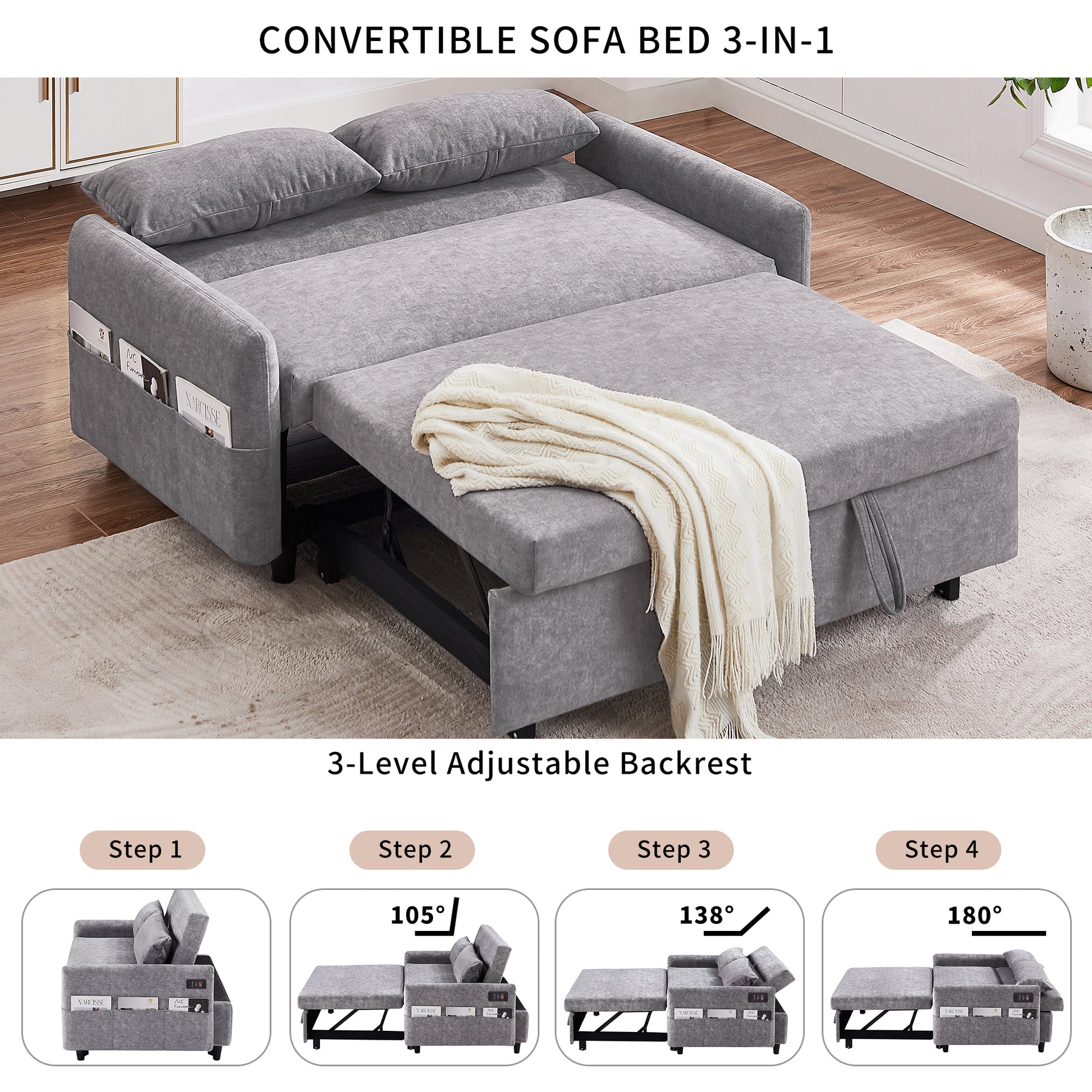 55.1" Pull Out Sleep Sofa Bed Loveseats Sofa Couch With Adjsutable Backrest, Storage Pockets, 2 Soft Pillows, Usb Ports For Living Room, Bedroom, Apartment, Office,Grey Old Sku Wf307821Aae Grey Foam Microfiber