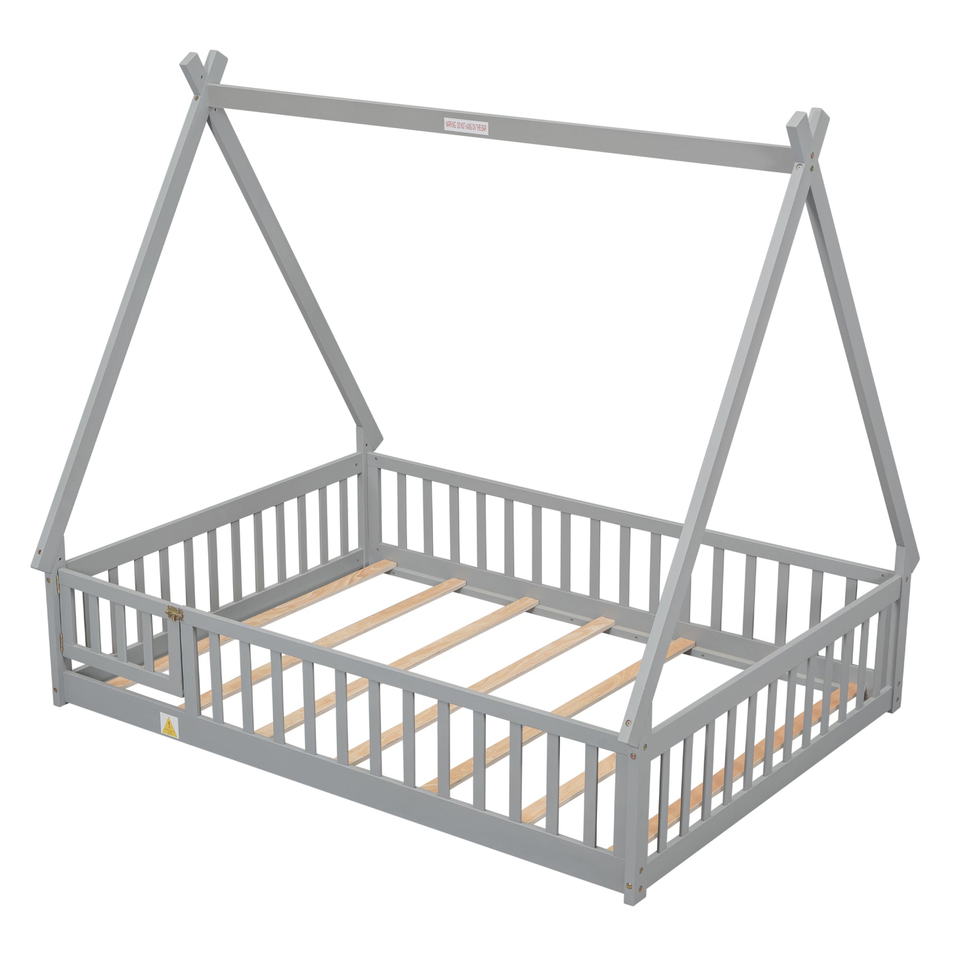 Full Tent Shaped Floor Bed, With Guardrails, Slats, Door ,Grey Full Grey Wood Bedroom American Design Pine Bed Frame Pine
