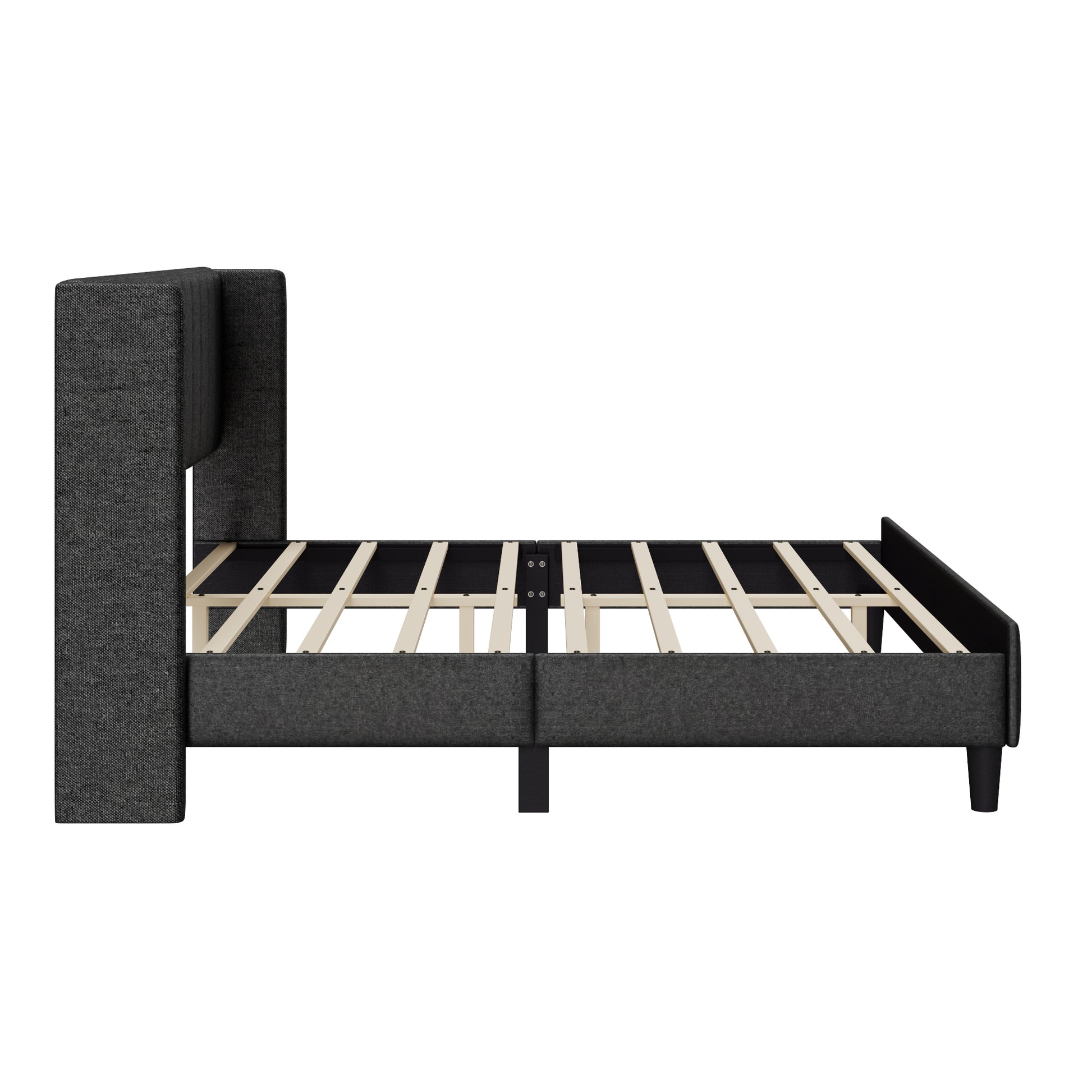 King Size Upholstered Platform Bed Frame With Headboard, Mattress Foundation, Wood Slat Support, Quiet, No Box Spring Needed, Easy To Assemble Black Black Wood