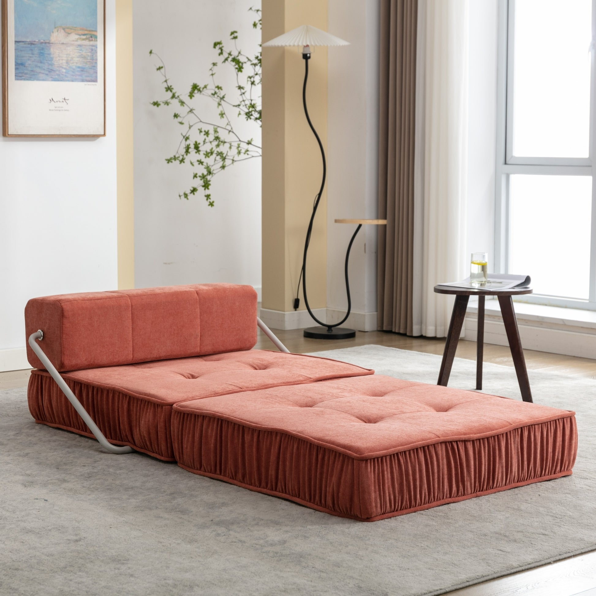 Folding Sofa Bed, Futon Sleeper Chair, Convertible Chair Floor Couch & Sleeping Mattress For Living Room, Guest Room, Home Office, Apartment, Small Space, Bed, Removable Back Cushion, Orange, 1 Seat Orange Chenille Primary Living Space Pillow Back Soft