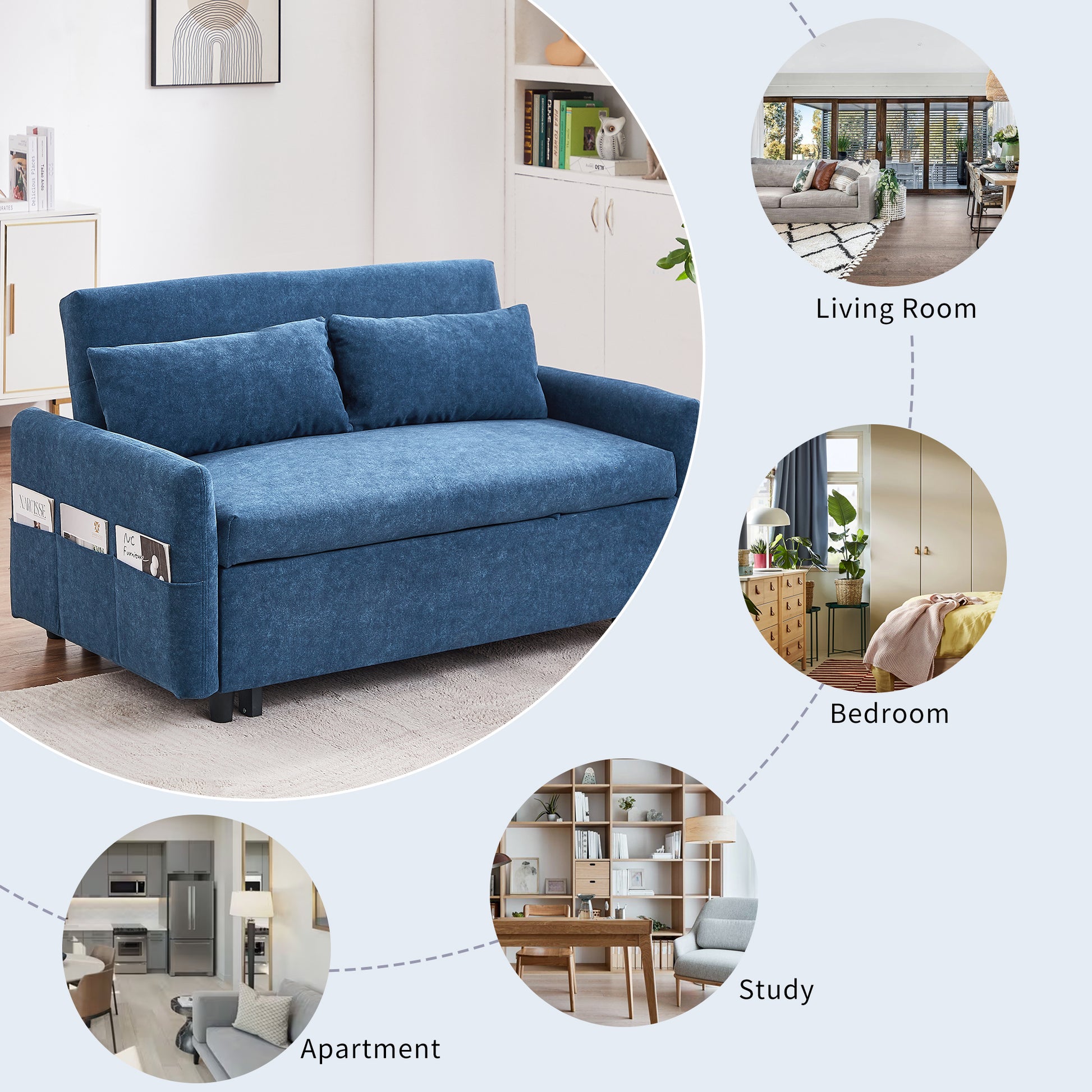 55.1" Pull Out Sleep Sofa Bed Loveseats Sofa Couch With Adjsutable Backrest, Storage Pockets, 2 Soft Pillows, Usb Ports For Living Room, Bedroom, Apartment, Office, Blue Old Sku Wf307821Aac Blue Foam Microfiber