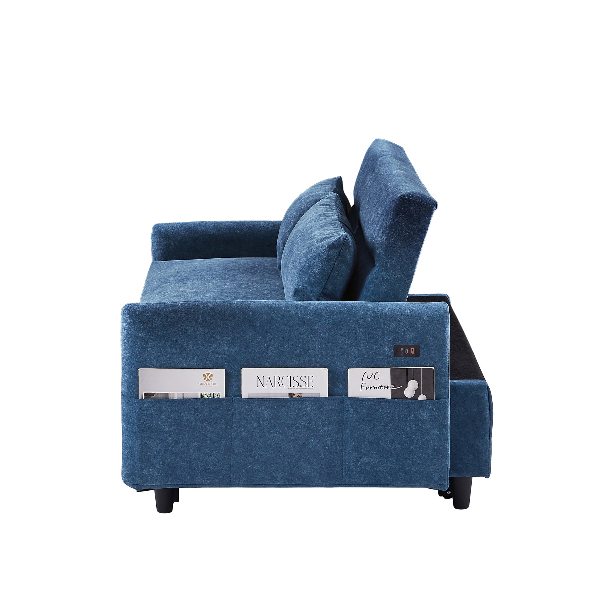 55.1" Pull Out Sleep Sofa Bed Loveseats Sofa Couch With Adjsutable Backrest, Storage Pockets, 2 Soft Pillows, Usb Ports For Living Room, Bedroom, Apartment, Office, Blue Old Sku Wf307821Aac Blue Foam Microfiber