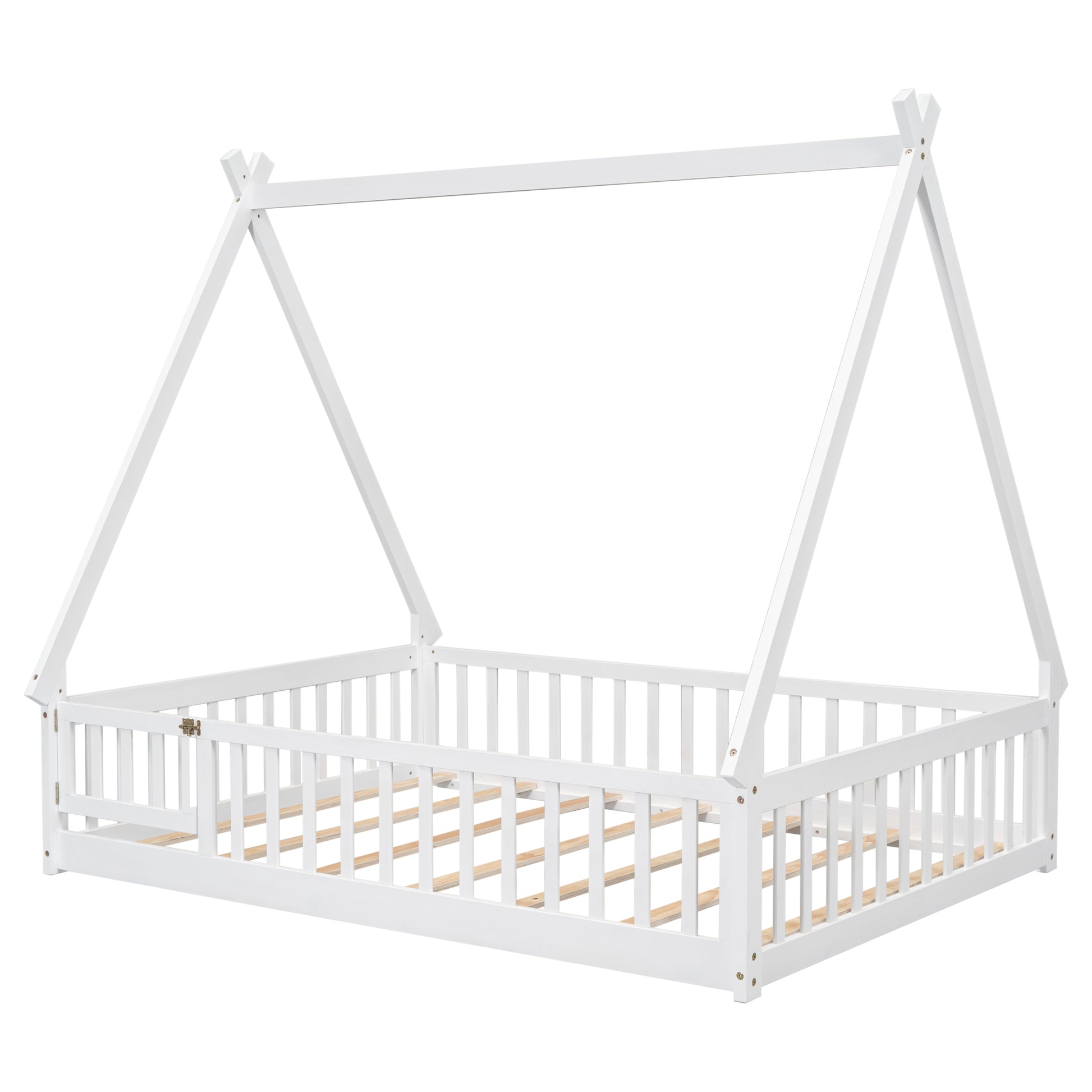 Full Tent Shaped Floor Bed, With Guardrails, Slats, Door ,White Full White Wood Bedroom American Design Pine Bed Frame Pine