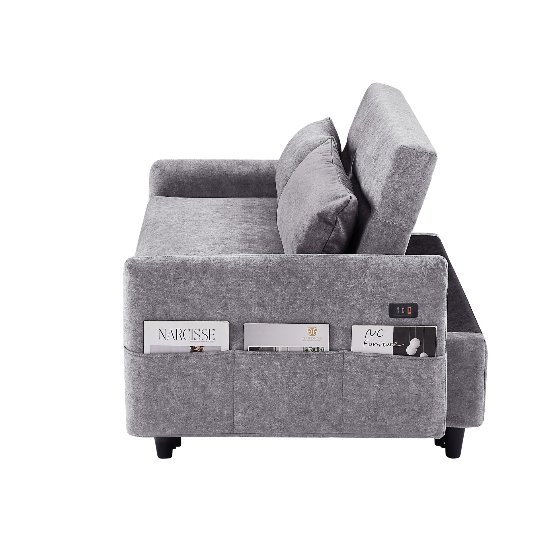 55.1" Pull Out Sleep Sofa Bed Loveseats Sofa Couch With Adjsutable Backrest, Storage Pockets, 2 Soft Pillows, Usb Ports For Living Room, Bedroom, Apartment, Office,Grey Old Sku Wf307821Aae Grey Foam Microfiber