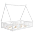 Full Tent Shaped Floor Bed, With Guardrails, Slats, Door ,White Full White Wood Bedroom American Design Pine Bed Frame Pine