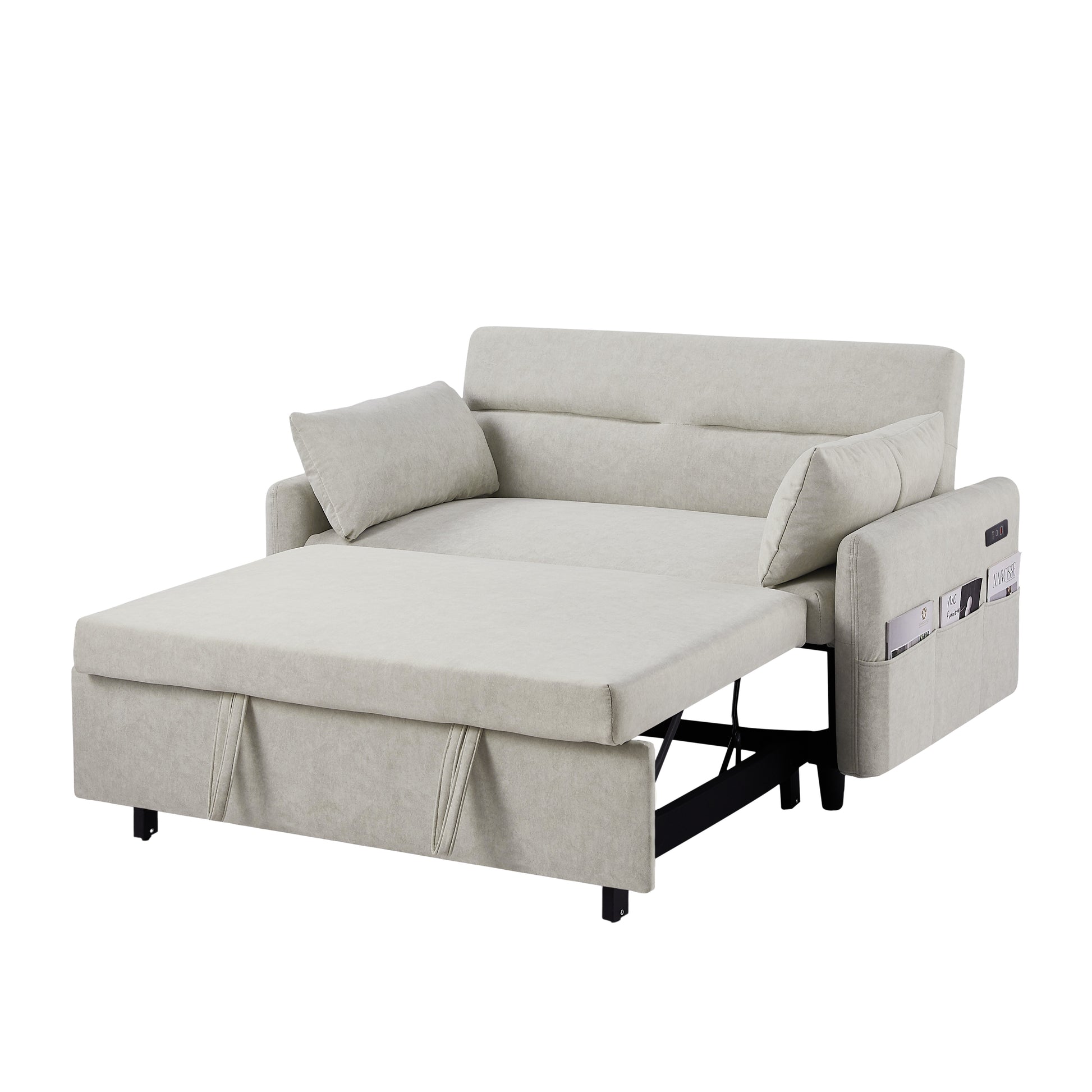 55.1" Pull Out Sleep Sofa Bed Loveseats Sofa Couch With Adjsutable Backrest, Storage Pockets, 2 Soft Pillows, Usb Ports For Living Room, Bedroom, Apartment, Office, Beige Old Sku: Wf315689Aaa Beige Foam Microfiber 2 Seat
