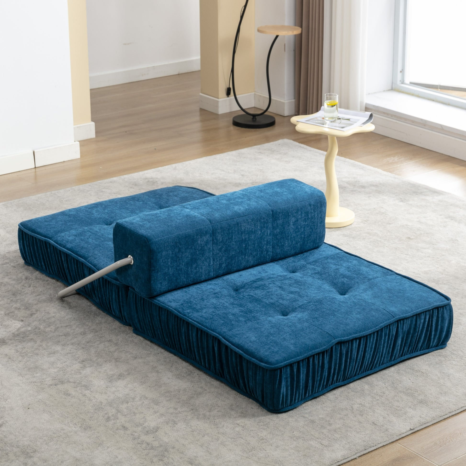 Folding Sofa Bed, Futon Sleeper Chair, Convertible Chair Floor Couch & Sleeping Mattress For Living Room, Guest Room, Home Office, Apartment, Small Space, Bed, Removable Back Cushion, Blue, 1 Seat Blue Chenille Primary Living Space Pillow Back Soft