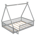 Full Tent Shaped Floor Bed, With Guardrails, Slats, Door ,Grey Full Grey Wood Bedroom American Design Pine Bed Frame Pine