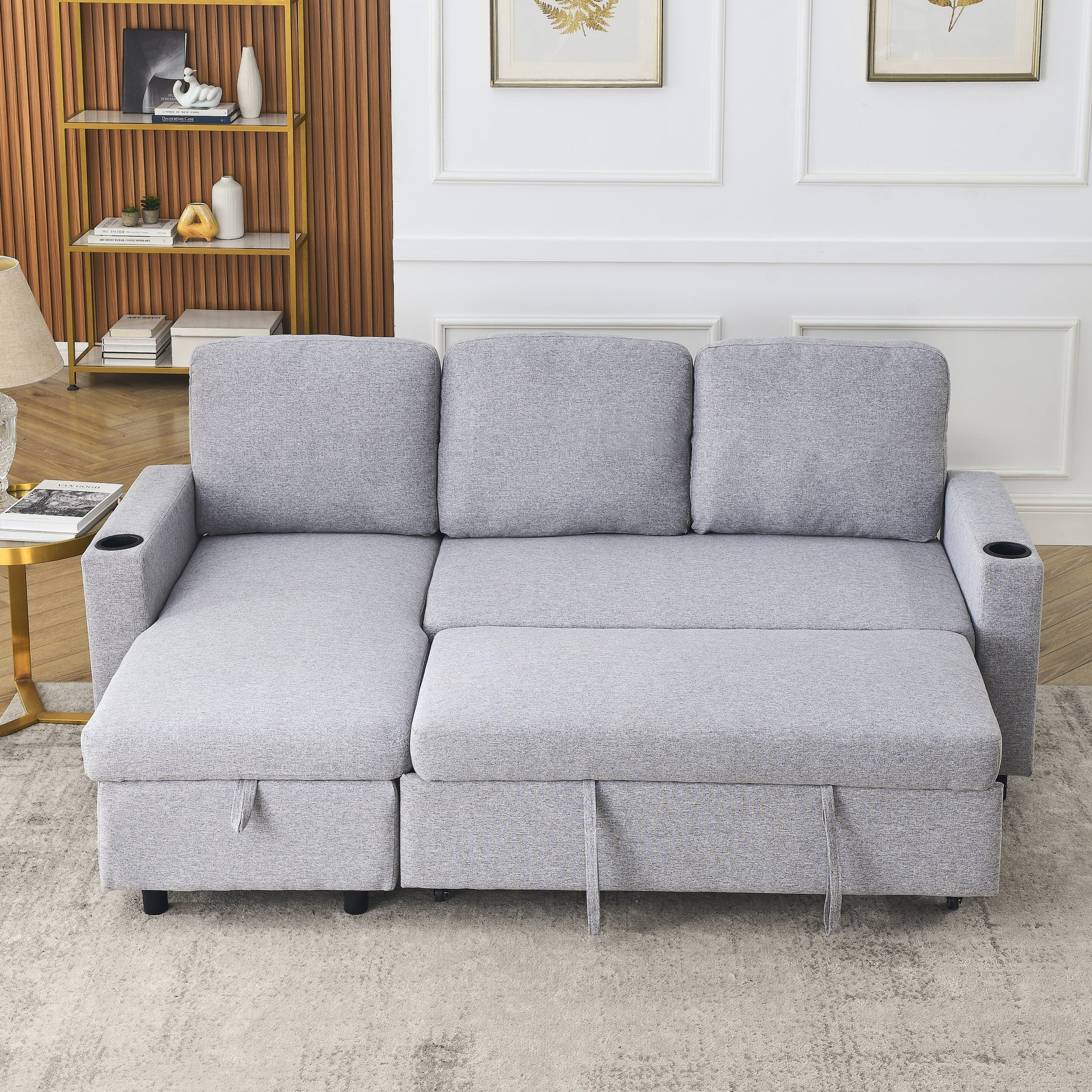 Fx78.7"Comfortable Linen L Shaped Combo Sofa Sofa Bed, Living Room Furniture Sets For Tight Spaces, Reversible Sleeper Combo Sofa With Pullout Bed,Reversible Sofa Bed For Living Room, Office, Apartmen Light Gray Linen Wood Primary Living Space Foam