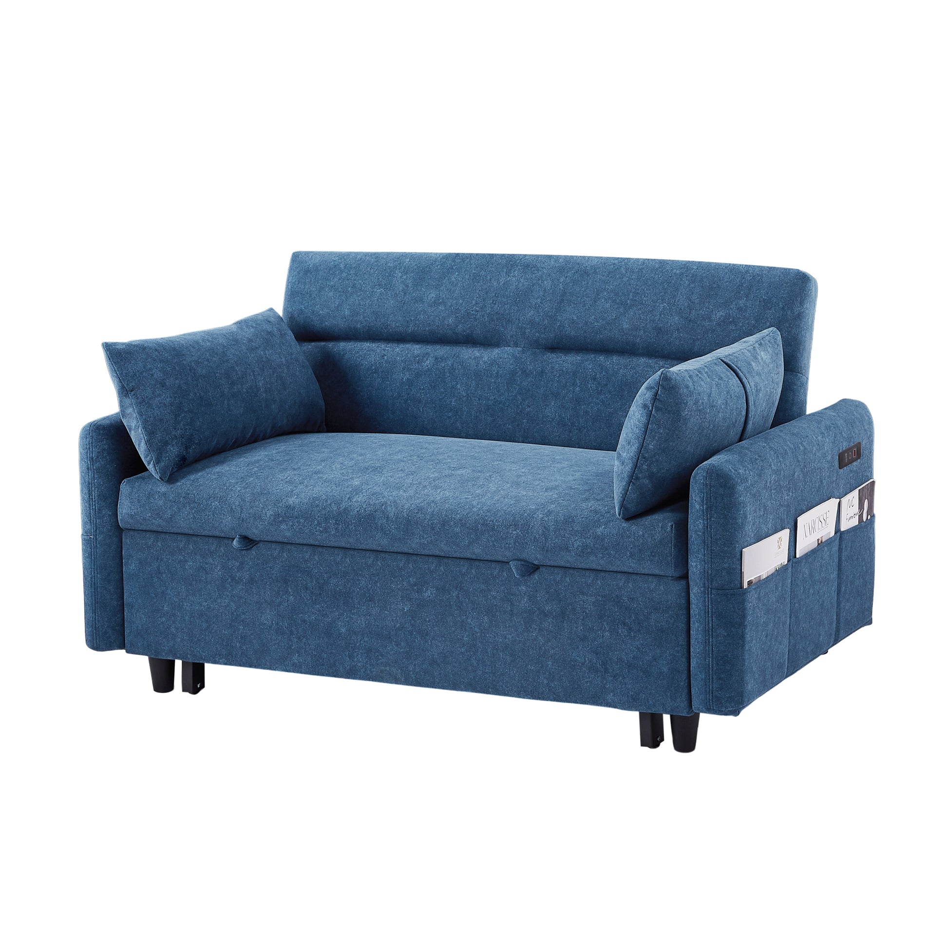 55.1" Pull Out Sleep Sofa Bed Loveseats Sofa Couch With Adjsutable Backrest, Storage Pockets, 2 Soft Pillows, Usb Ports For Living Room, Bedroom, Apartment, Office, Blue Old Sku Wf307821Aac Blue Foam Microfiber