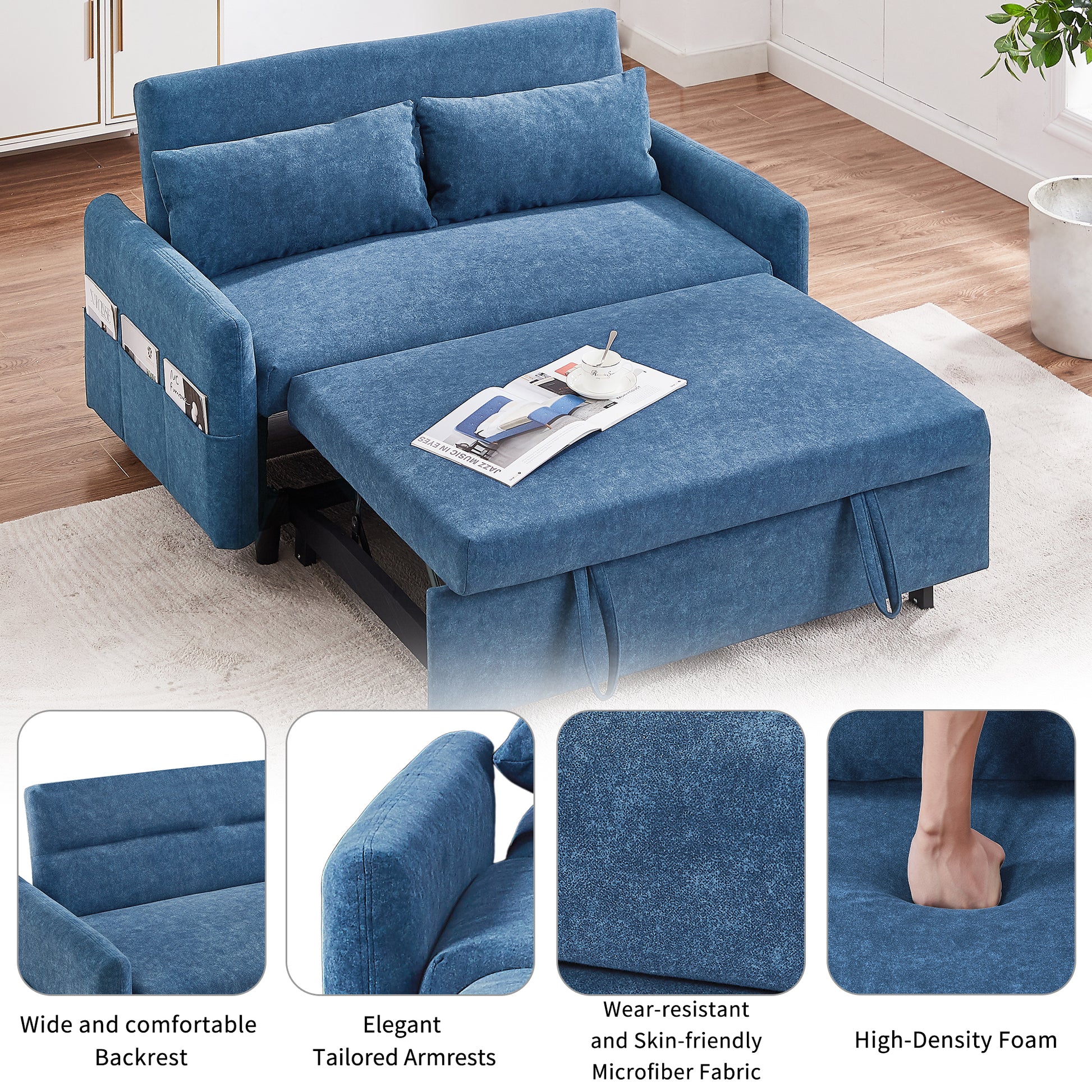 55.1" Pull Out Sleep Sofa Bed Loveseats Sofa Couch With Adjsutable Backrest, Storage Pockets, 2 Soft Pillows, Usb Ports For Living Room, Bedroom, Apartment, Office, Blue Old Sku Wf307821Aac Blue Foam Microfiber