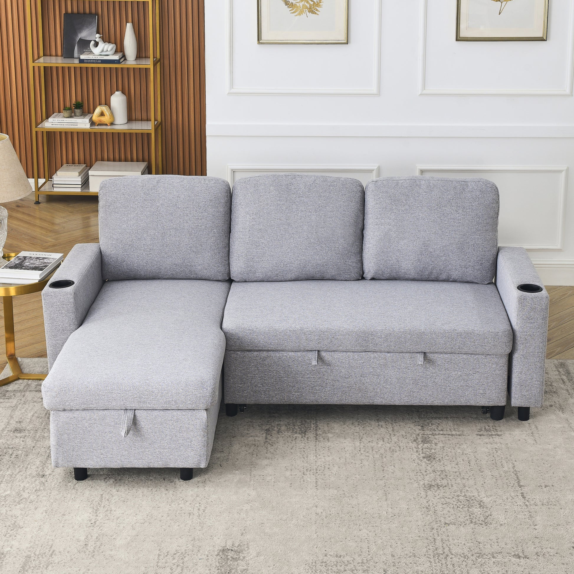 Fx78.7"Comfortable Linen L Shaped Combo Sofa Sofa Bed, Living Room Furniture Sets For Tight Spaces, Reversible Sleeper Combo Sofa With Pullout Bed,Reversible Sofa Bed For Living Room, Office, Apartmen Light Gray Linen Wood Primary Living Space Foam