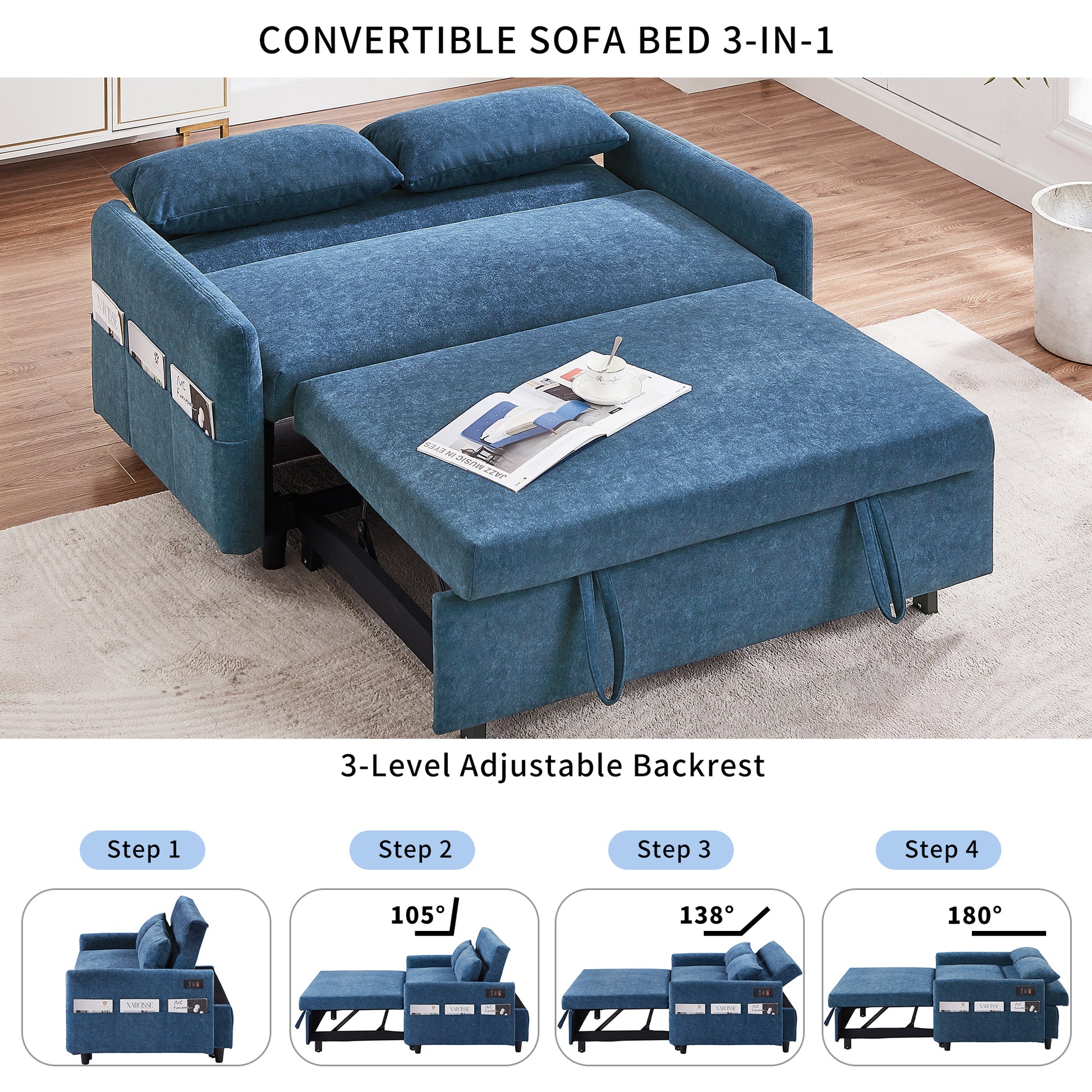 55.1" Pull Out Sleep Sofa Bed Loveseats Sofa Couch With Adjsutable Backrest, Storage Pockets, 2 Soft Pillows, Usb Ports For Living Room, Bedroom, Apartment, Office, Blue Old Sku Wf307821Aac Blue Foam Microfiber
