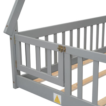Full Tent Shaped Floor Bed, With Guardrails, Slats, Door ,Grey Full Grey Wood Bedroom American Design Pine Bed Frame Pine
